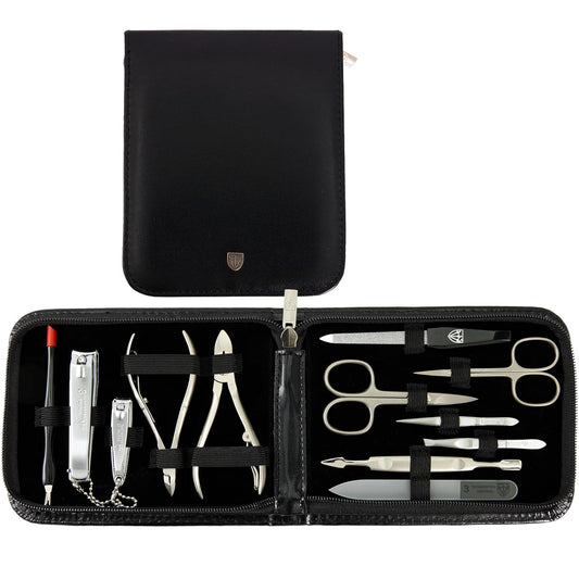 3 Swords Germany - brand quality 12 piece manicure pedicure grooming kit set for professional finger & toe nail care with black synthetic leather case - Made in Germany