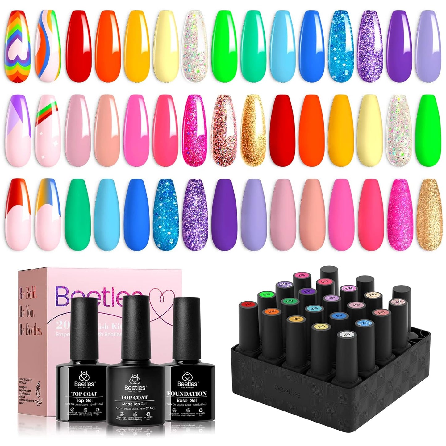 Beetles Rainbow Gel Polish Set, 20 Colors Glitter Pink Red Green Blue Bright Rainbow Collection Colorful Gel Polish Nails Sparkle Gel Base Glossy & Matte Top Coat UV Gel Gift for Women & Girls