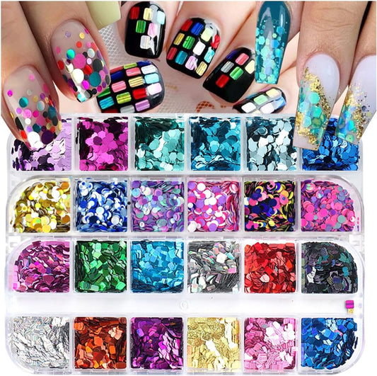 3 Boxes 36 Grids Holographic Nail Art Sequins Mermaid Hexagon Round Square Nail Glitter Decoration,DIY Chunky Holographic Supplies 3D Laser Flakes Sparkly Acrylic