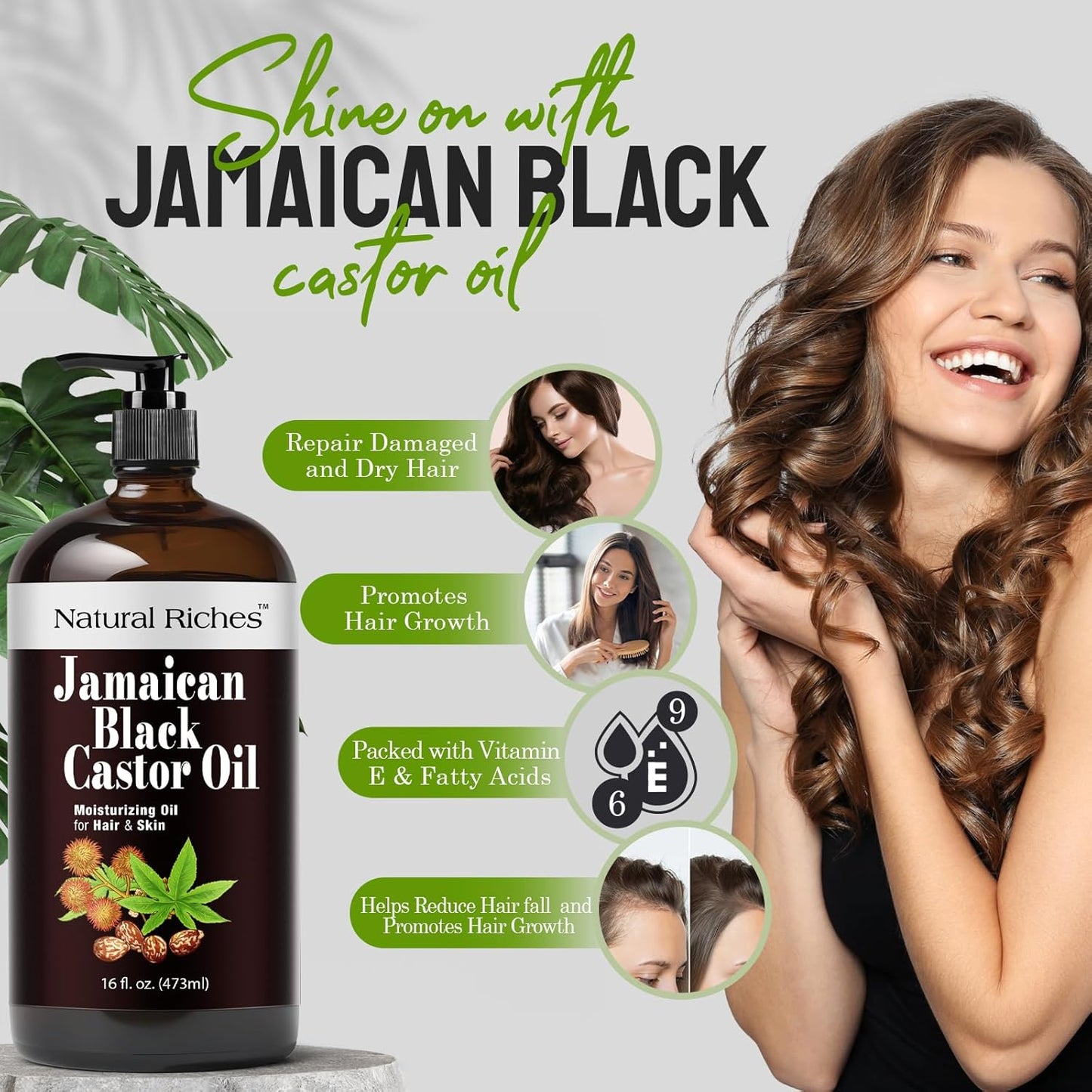 Natural Riches Jamaican Black Castor Oil Glass Bottle Pure Organic Cold Pressed for Hair Growth Skin Care for Dry Skin Conditioning Eyebrows Eyelashes Scalp and Nail Moisturizes & Repairs 16fl.oz.
