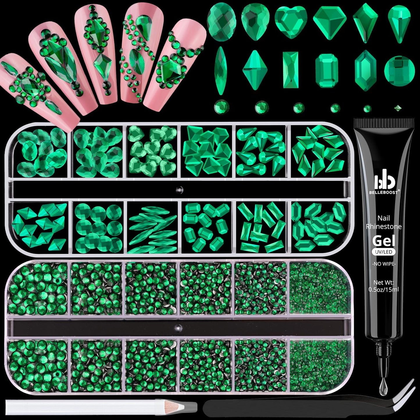 2680Pcs Emerald Green Glass Nail Rhinestones 120Pcs Multi Shapes Flatback Nail Gems + 2560Pcs 1.5-4mm Round Crystal with Rhinestone Glue Gel, Manicure Nail Charms Diamond Gemstone for Nail Art