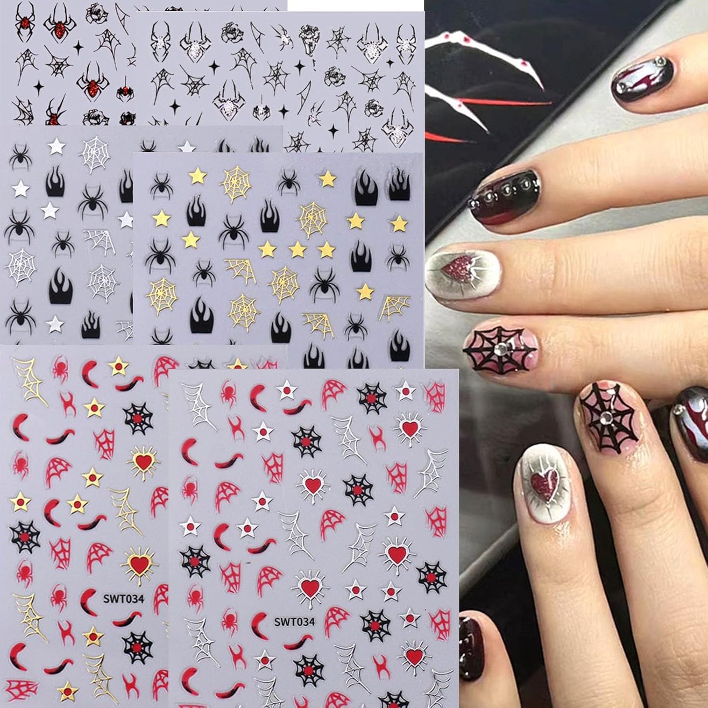6 Sheets Halloween Nail Stickers Gold Silver Nail Decals for Nail Art Glitter Spider Nail Decals Spider Web Rose Stars Love Heart Design Nail Art Stickers for Women Girls DIY Nail Decorations