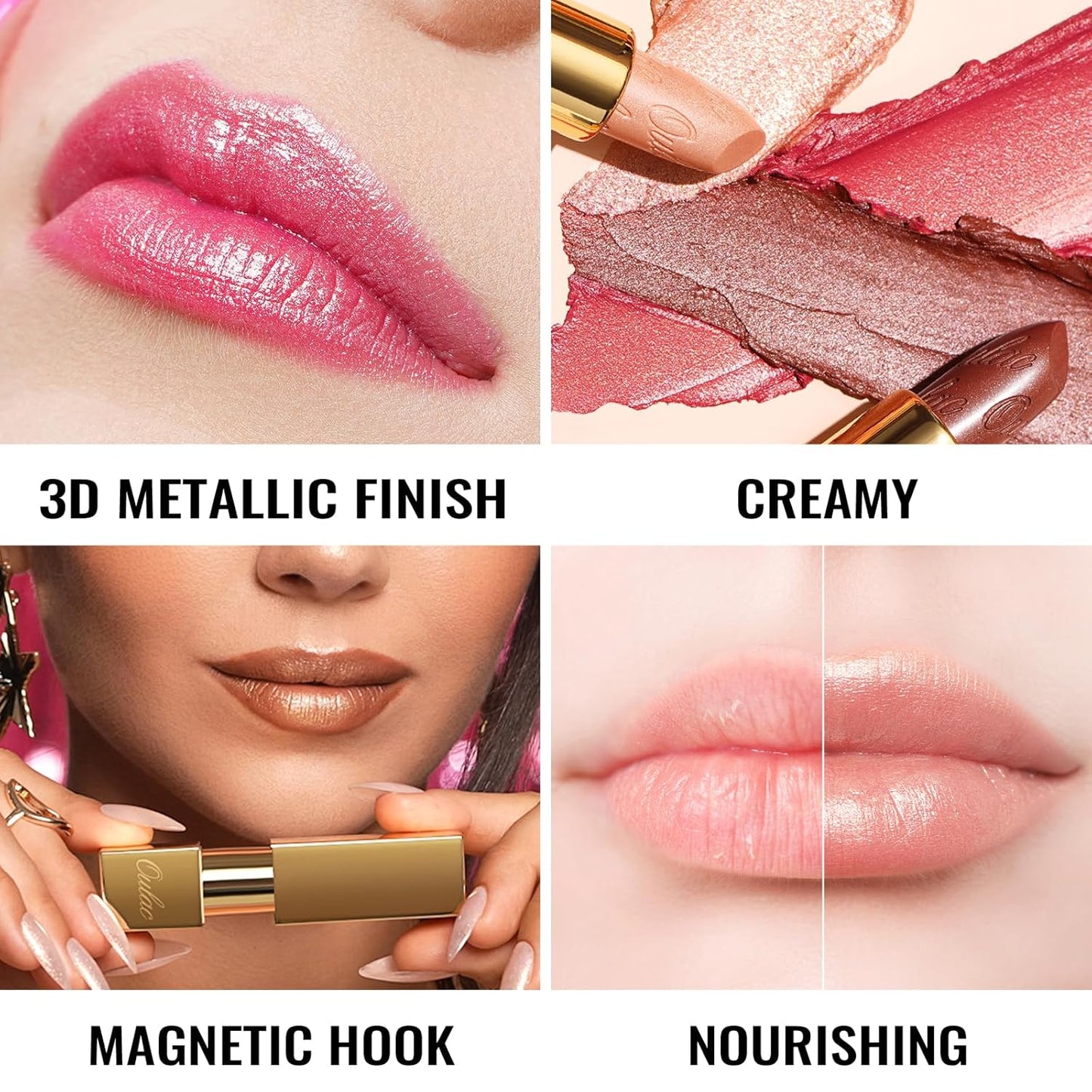 Oulac Pink Lipstick for Women with Metallic 3D Shine Lightweight Hydrating Formula, High Impact Lip Color, Vegan Beauty, Full Coverage Lip Makeup, Christmas Gifts for Women, Cosmopolis(01)