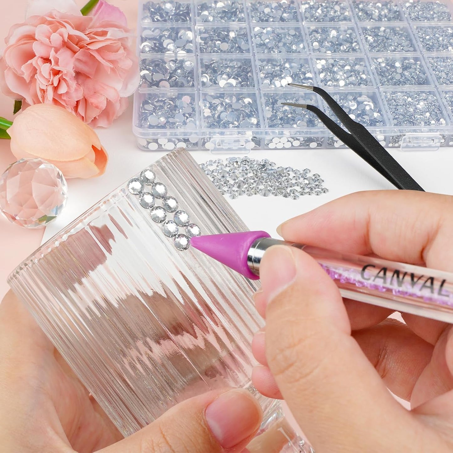 Canvalite 25000Pcs Resin Jelly Rhinestones for Crafting, Clear Flatback Gems, Bedazzling Crystal with 5Pcs 2.5g B7000 Jewelry Glues and Tweezers and Dotting Pen for DIY Crafts Clothing Shoes Nail Art