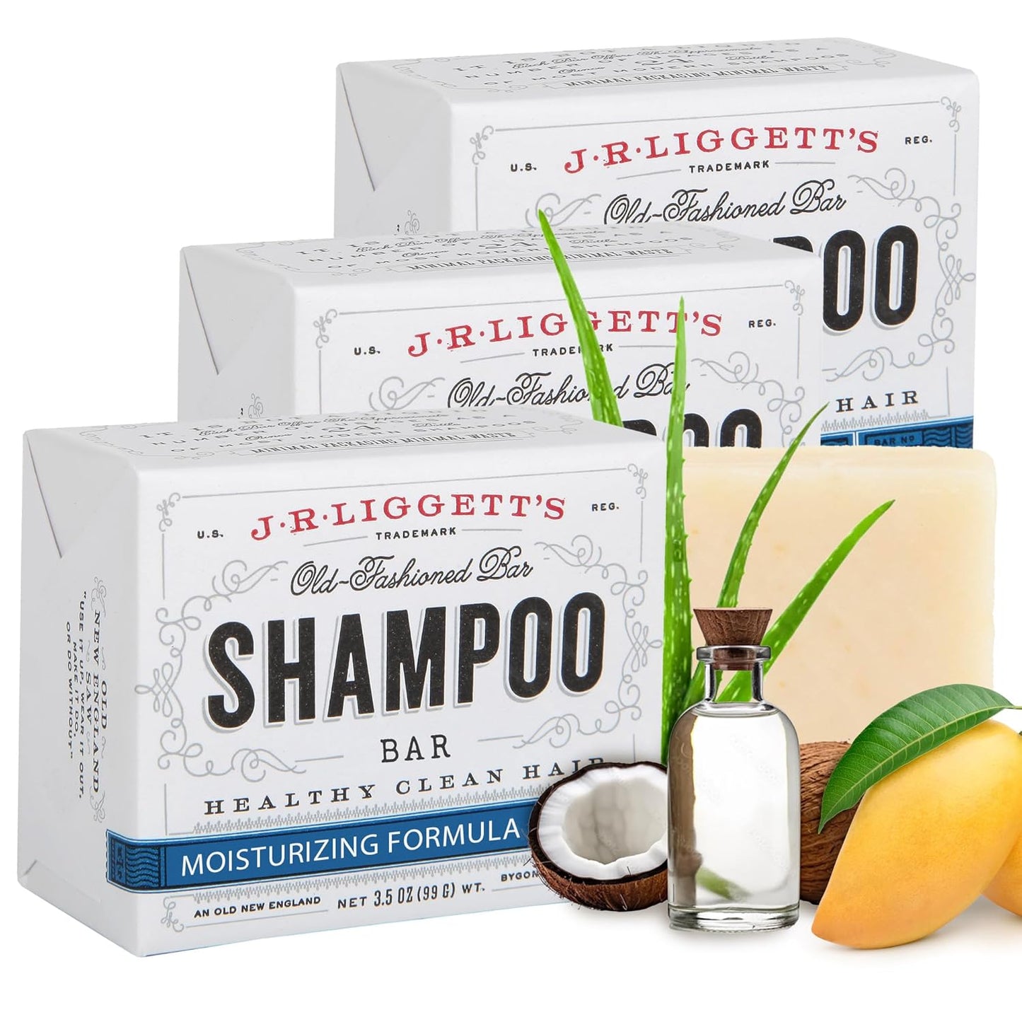 J·R·LIGGETT'S Shampoo Bar - Moisturizing Formula, All Natural Solid Bar Shampoo with Coconut Oil & Aloe Vera, Sulfate Free, Detergent Free, Restores Softness, Protect Against Breakage, 3.5 oz - 3 Pack
