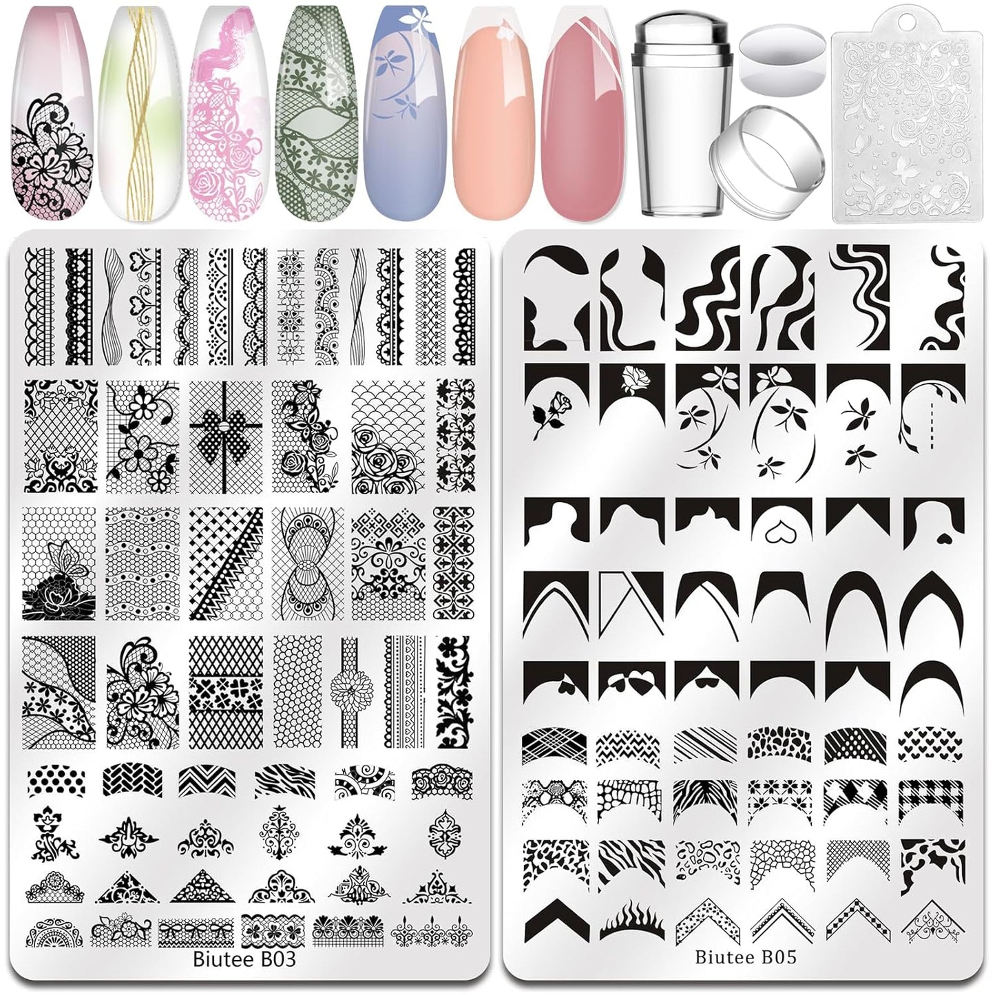 Biutee Nail Art Stamping Plate Set French Tip Nail Stamp Plate 2PCS French Line Lace Nail Stamping Kit with Silicone Nail Stamper Scraper Nail Stamp Template Kit Holiday Design for Manicuring DIY