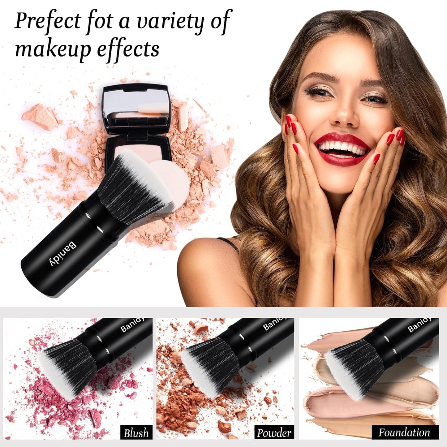 Foundation Makeup Brush Flat Top Kabuki Face Blush Liquid Powder Foundation Brush Retractable Travel Brush for Blending Liquid, Cream or Flawless Powder Cosmetics