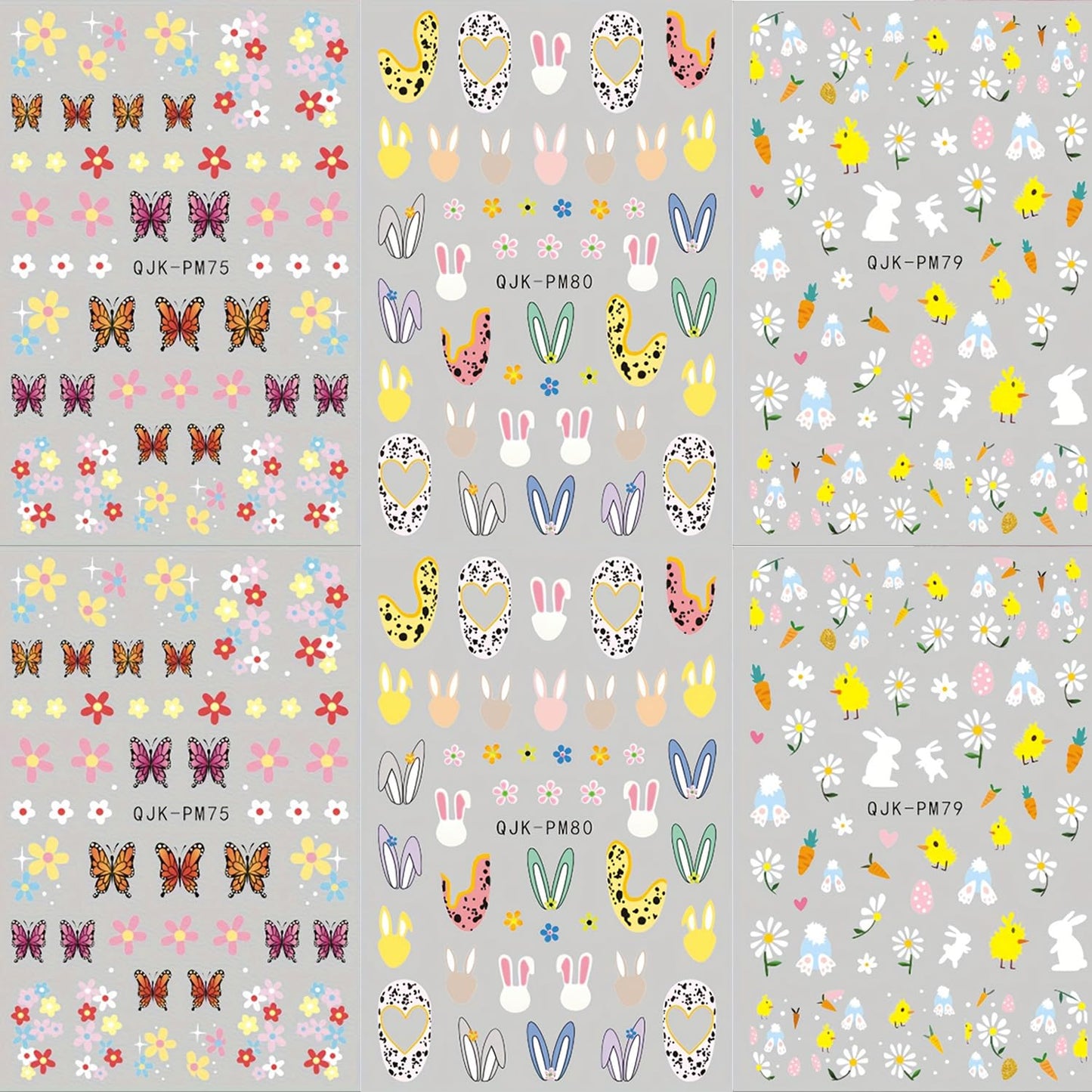 6Sheets Easter Nail Art Stickers Decals Cute Bunny Flower Designs 3D Self-Adhesive Nail Decals Spring Nail Decorations Floral Daisy Butterfly DIY Nail Supplies Easter Nail Accessories for Women Kids