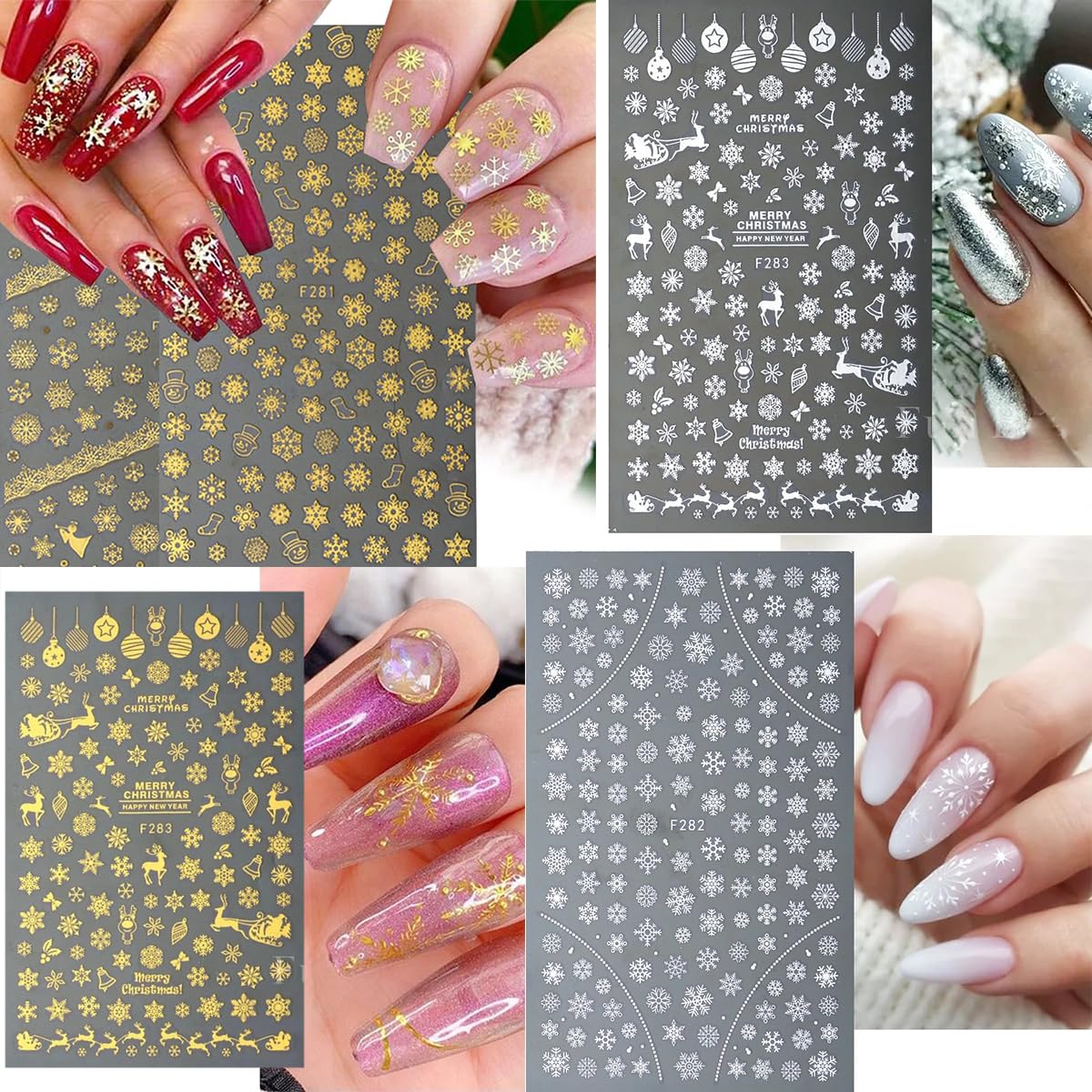 8 Sheets Snowflakes Nail Stickers- 3D Christmas Nail Art Stickers Self-Adhesive Winter Nail Decals White Gold Snowflake Balls Elk Designs Christmas Sticker for Nail Art Women DIY Xmas Nail Decoration