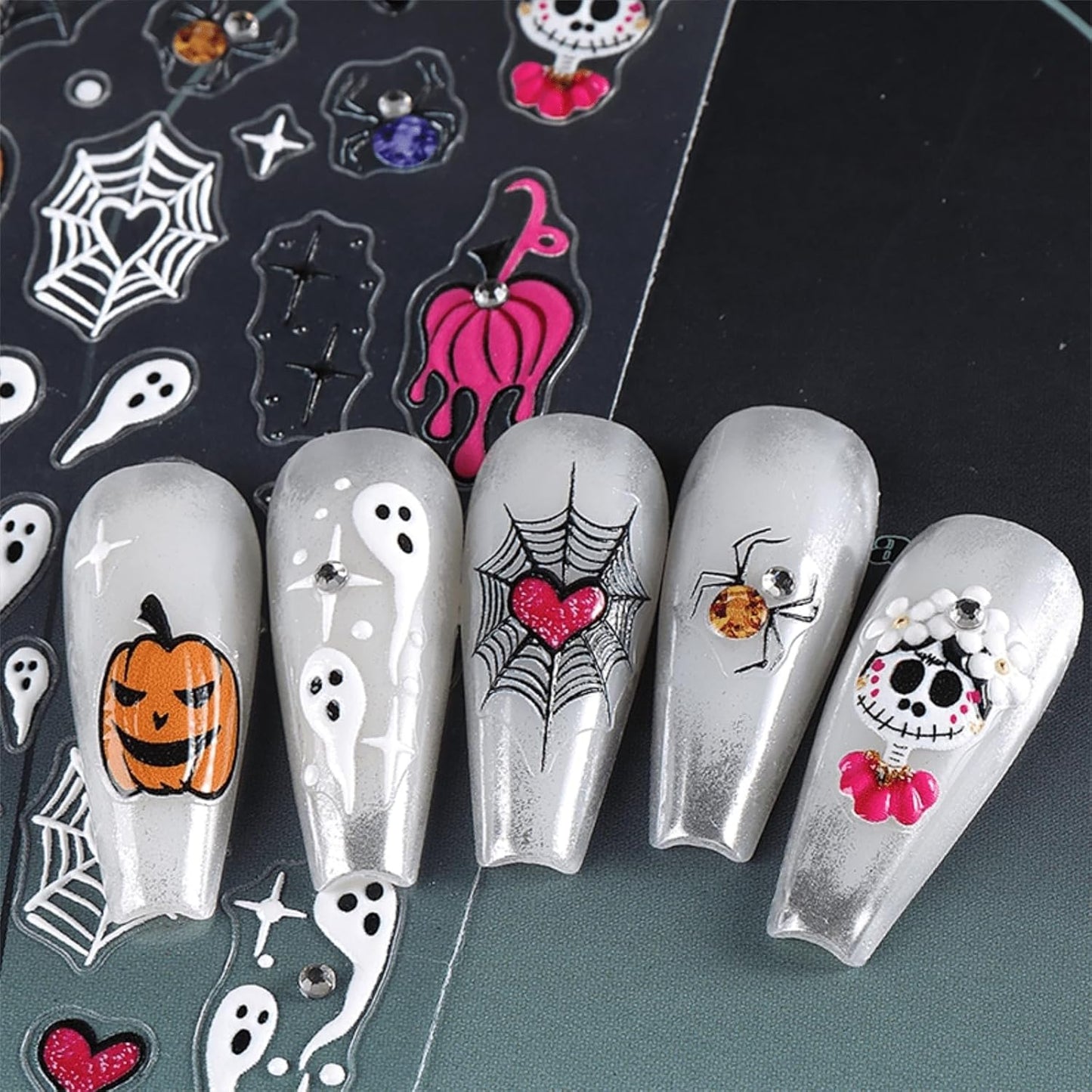 Halloween Nail Stickers 5D Embossed Self Adhesive Nail Decals with Cute Ghost Design Spider Web Pumpkin Nail Art Stickers Halloween Nail Supplies Nail Art Decoration for Women Girls