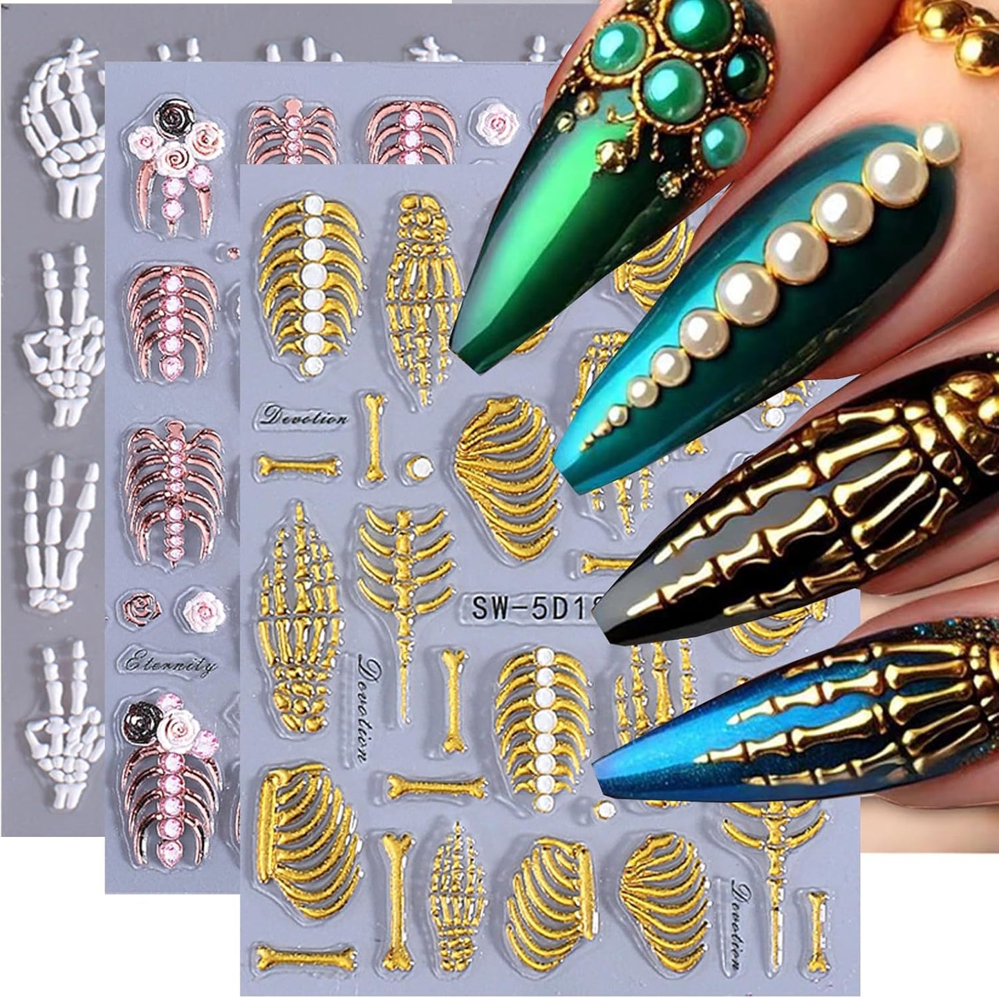 5D Embossed Halloween Nail Stickers for Nail Art Kit 3 Sheets Halloween Skull & Skeleton Nail Art Stickers Decals Gothic Nails Design Rose Gold Hand Bone Nail Supplies for Women Holiday Nails Decor