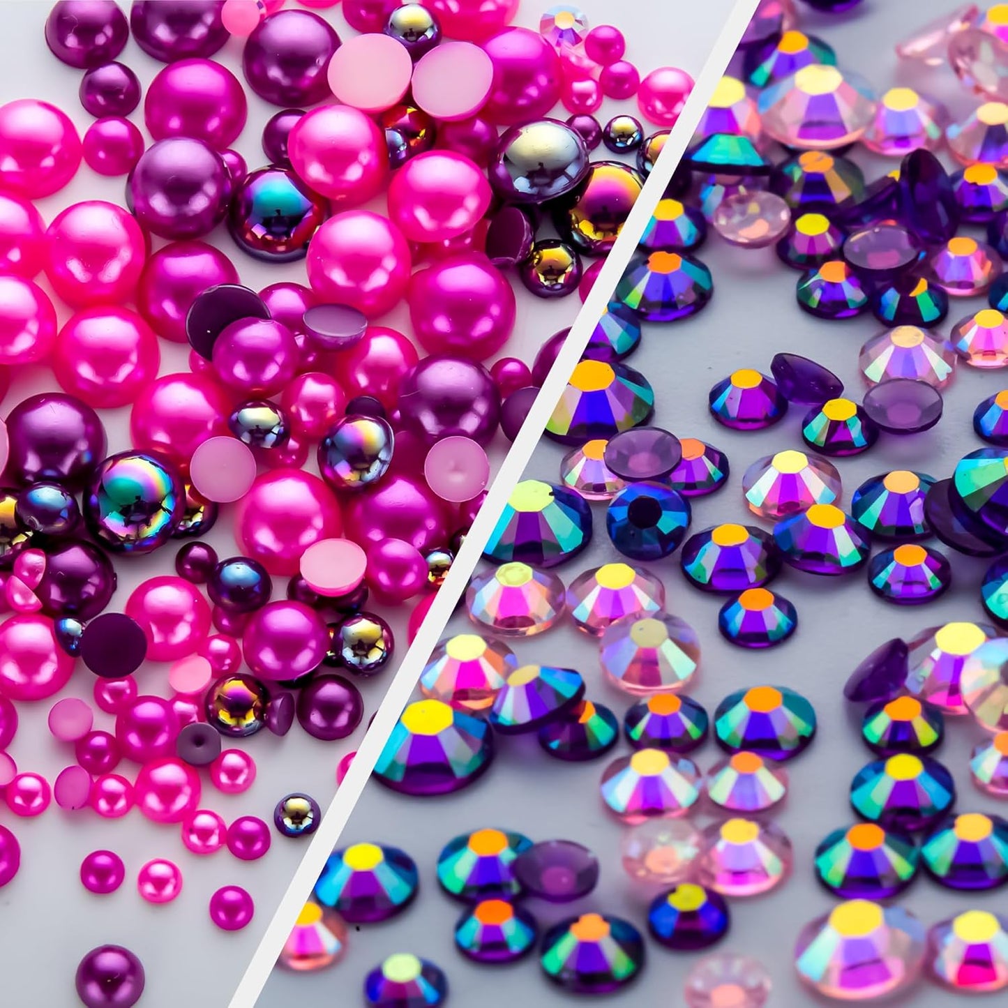 60g Pink Purple Flat Back Pearls Rhinestones for Crafts Mixed Size 3mm-10mm AB Color Round Half Pearls Flatback Pearl Beads and Resin Rhinestones Set for Face Art with Glue
