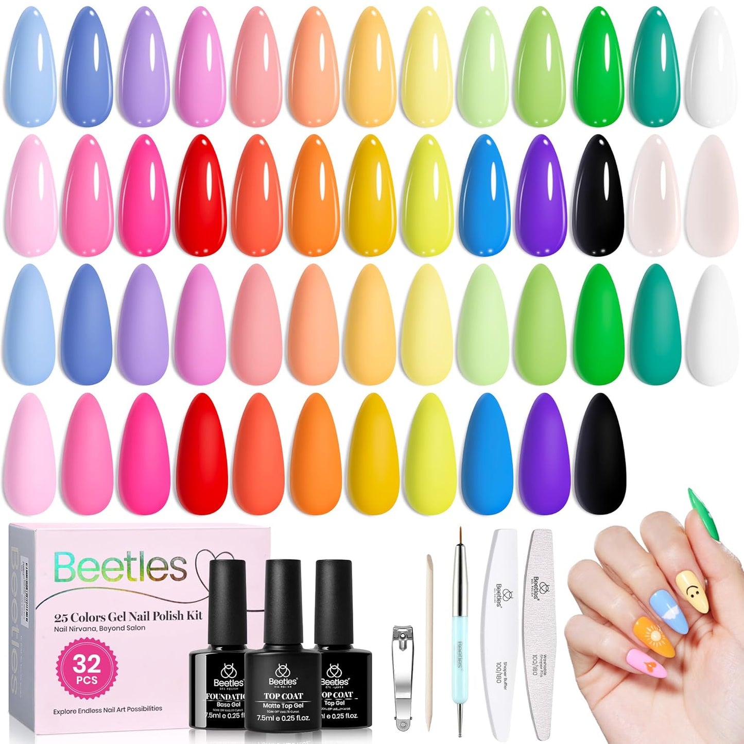 beetles Gel Polish Doodle Dreams - Gel Nail Polish Set Orange Red Purple Nude White Black Blue 25 Colors with Base Glossy Matte Top Coat UV LED Soak Of Gifts for Women Girls