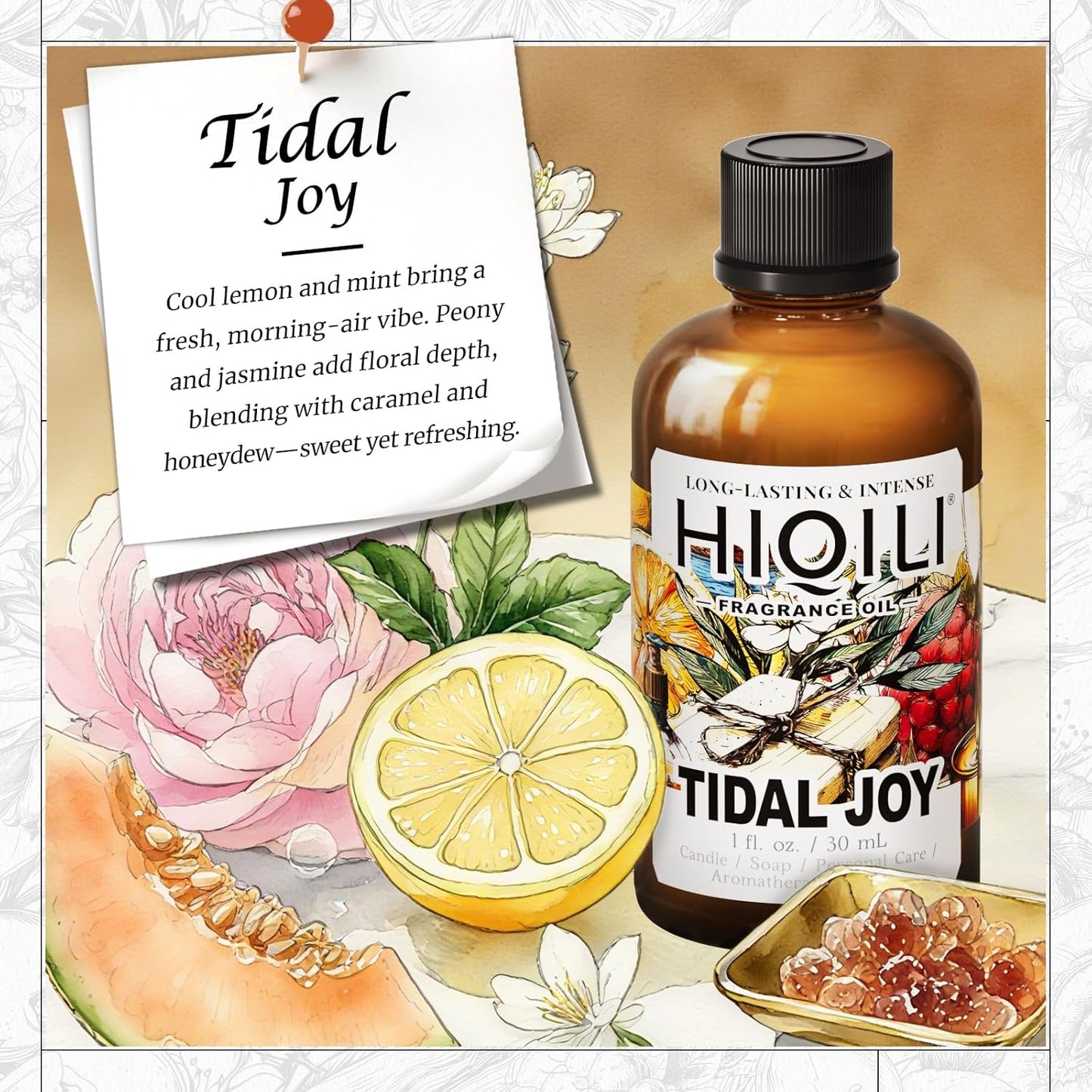 HIQILI Tidal Joy Fragrance Oil for Diffuser, Brown Sugar & Lemon Scents, Candle, Soap, Perfume Making, Long-Lasting - 1fl oz