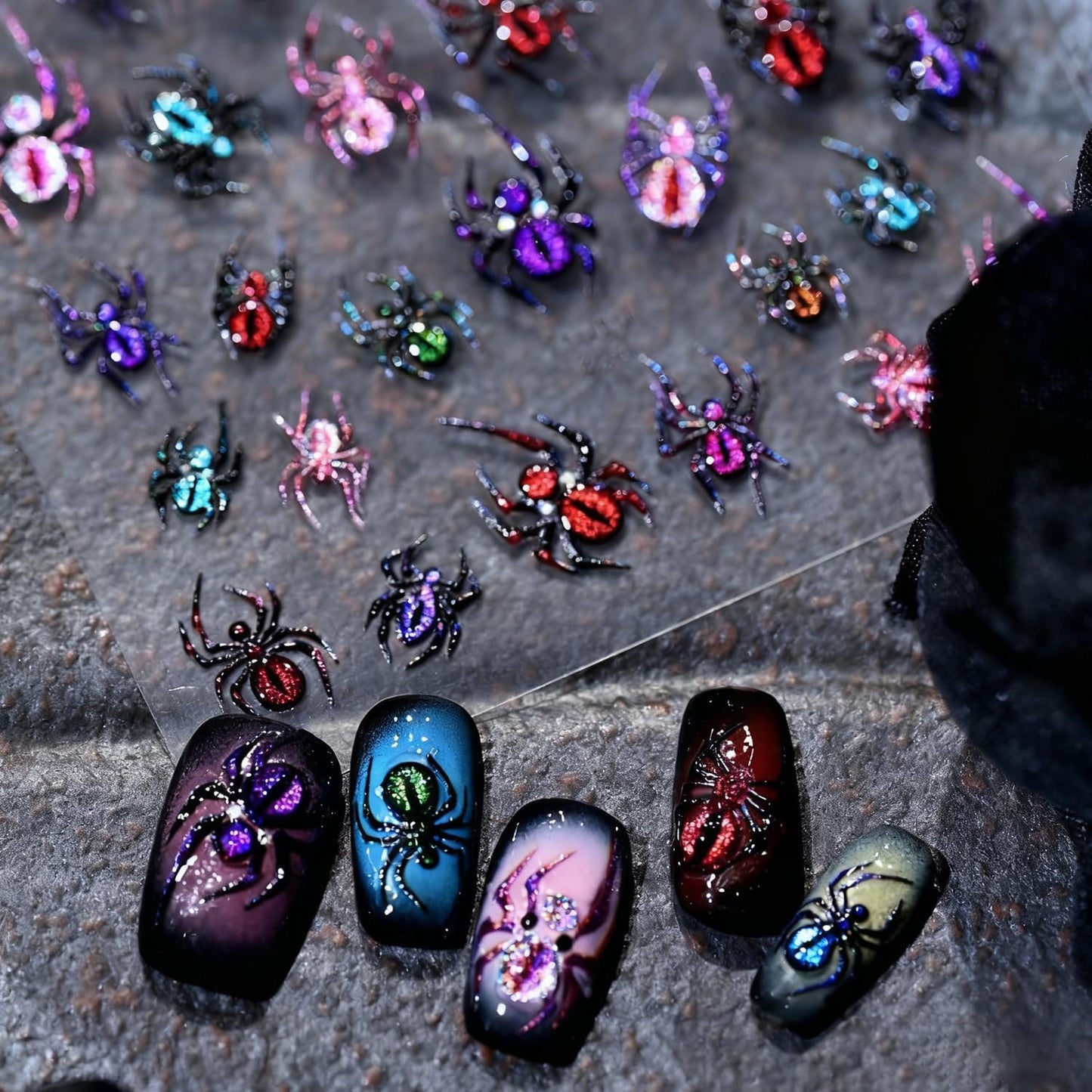 Halloween Nail Stickers 1 Sheet 3D Embossed Nail Art Stickers DIY Self-Adhesive Nails Decals Stickers with Colorful Spider Glitter Designs Holiday Nail Art Decorations