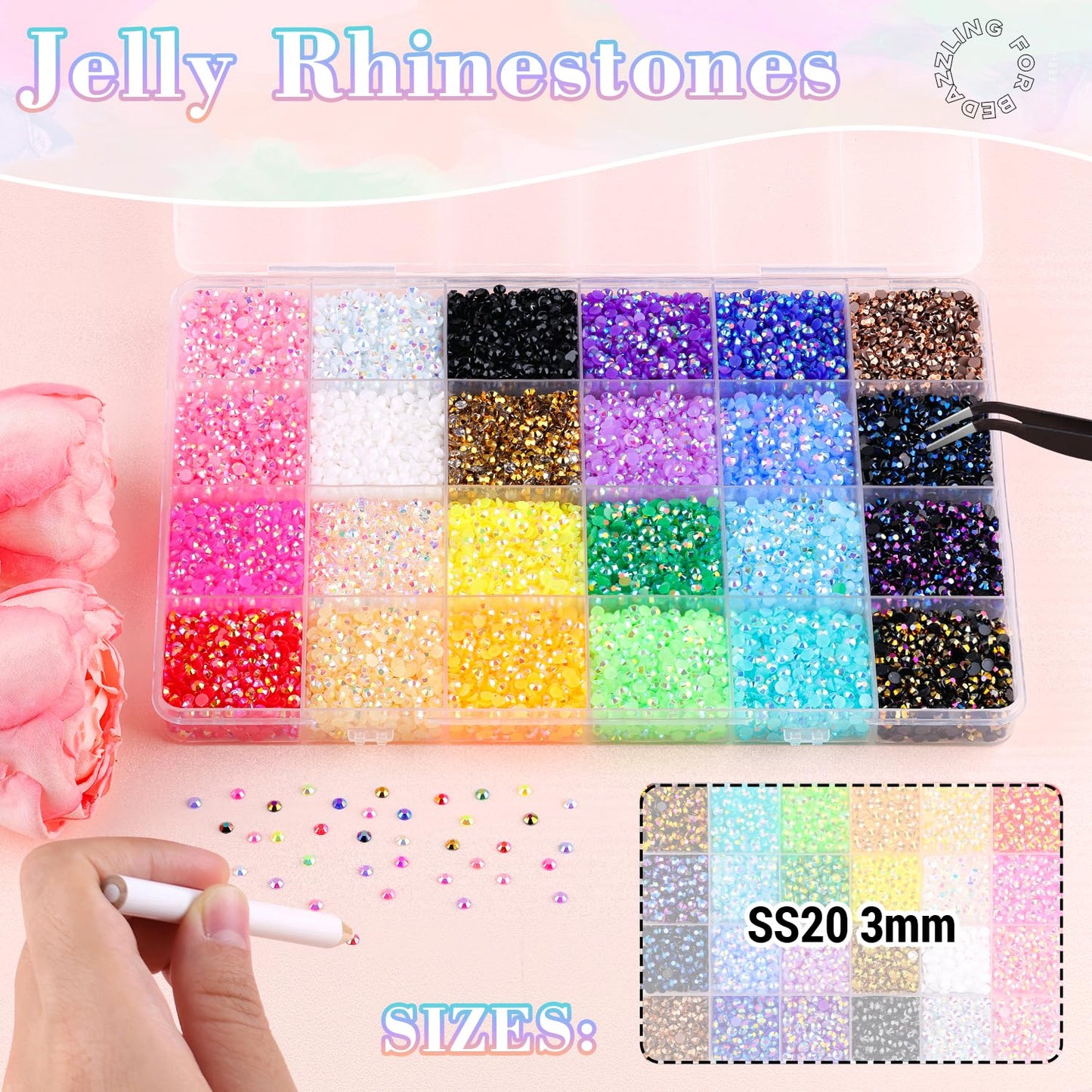 24000Pcs Resin Jelly Rhinestones with Tweezers for Crafting, Multi Colors 3mm Non Hotfix Flatback Gems, Bedazzling Crystal for DIY Crafts Clothing Tumblers Mugs Shoes Decor Nail Art