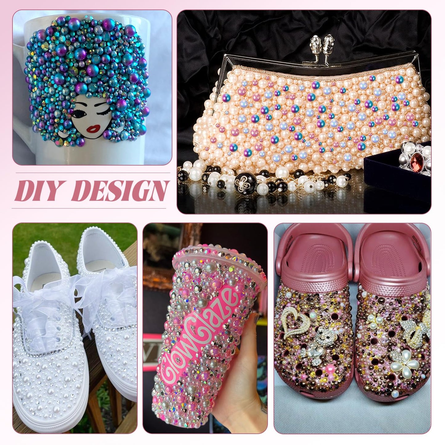 9000Pcs Flatback Pearls and Rhinestones for Crafting, Pink Purple White Mixed Size 3-8mm Resin Rhinestones and Half Pearls for Bedazzling, Nail Art and Decoration with 3pcs B7000 Jewelry Glue