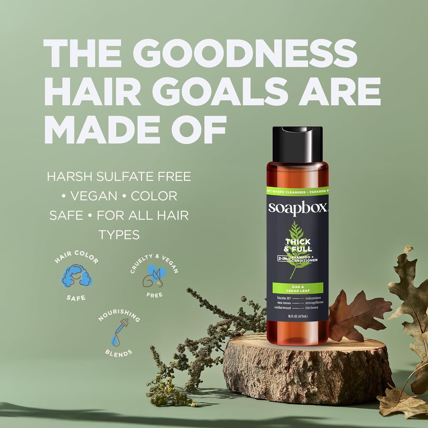 Soapbox Men's Thick and Full 2 in 1 Shampoo and Conditioner Men, Natural Mens Shampoo and Conditioner, Oak & Cedar Leaf, 16oz