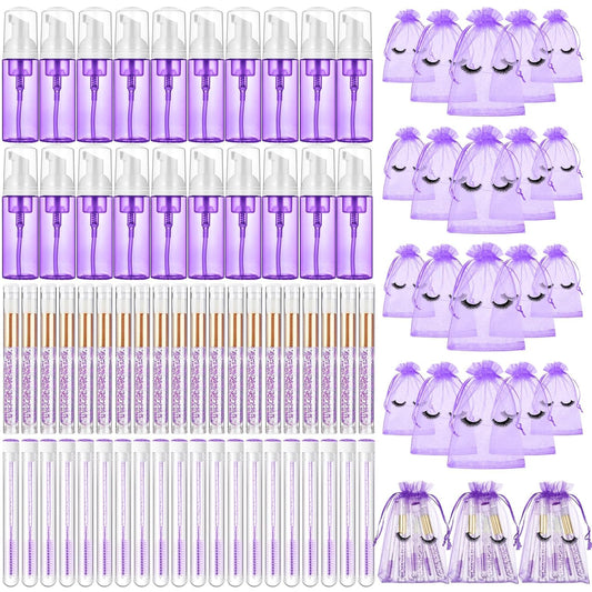 Zhehao 80 Pcs Lash Shampoo Bottle Brushes Kit 20 Foam Pump Dispensers 20 Lash Shampoo Brushes 20 Eyelash Aftercare Bag 20 Cleaning Pipes, Eyelash Extension Supplies(Purple)