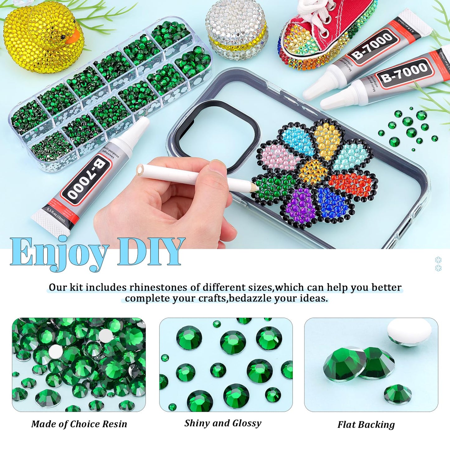 6000Pcs Resin Rhinestones for Bedazzling with 3Pcs B7000 Jewelry Glue, 1 Box Emerald Green Flatback Rhinestones for Crafting Crafts DIY, Crystals Gems for Clothing Shoes Tumblers Nail Art Makeup
