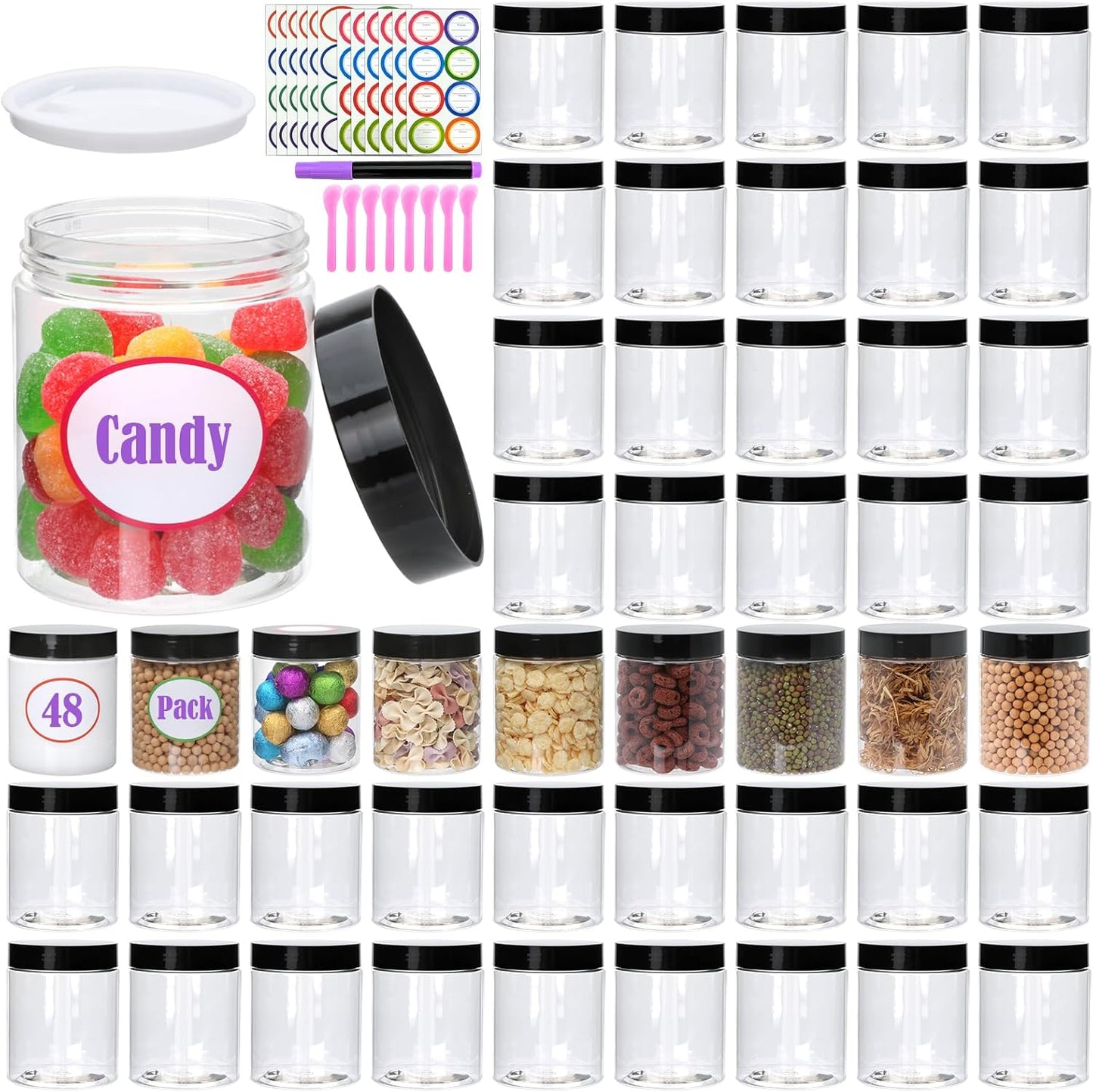 48 Pack 8oz Plastic Containers with Lids, Jars with Lids, Great for storing,lip balms, creams, ointments, cosmetics, samples