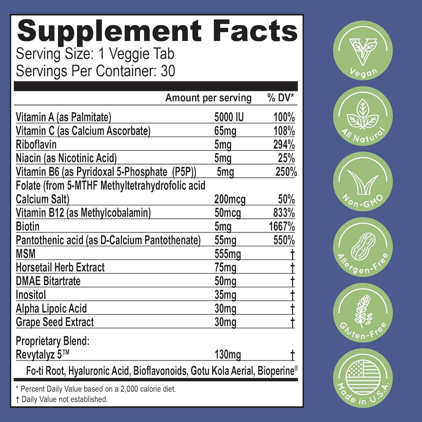 Biotin (Biotina Vitaminas) - Hair Skin Nails Vitamins for Women & Men - 5000 mcg - Hair Growth Support Supplements - 90 Tablets - with Revytalyz 5, Vitamin A, C, B12 - Made in USA