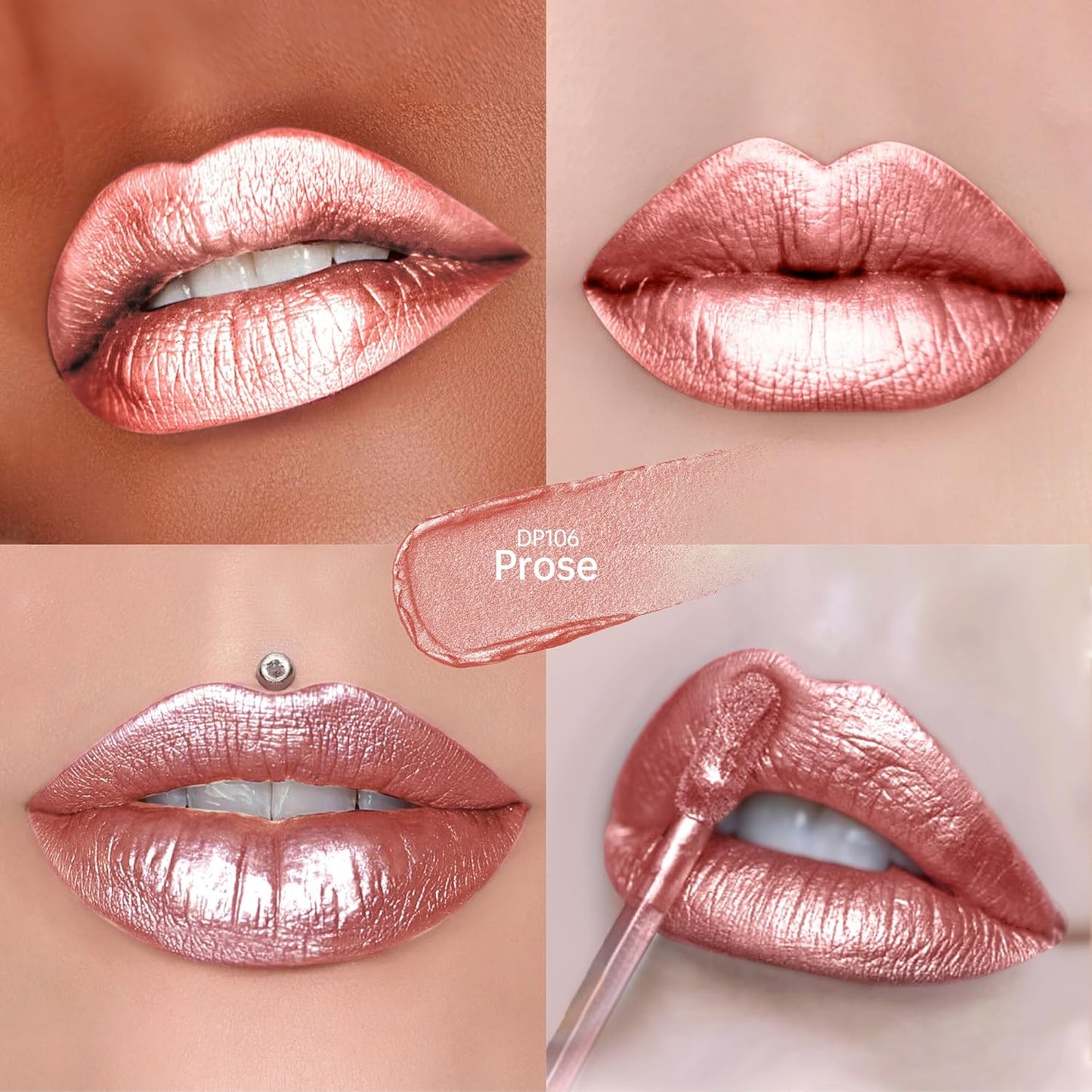 Nude Pink Lipsticks for Women Metallic Lipstick Long Lasting Non Stick Cup Lip Gloss, Shimmer Lightweight Hydrating Full Coverage Lip Color, DP106 Prose