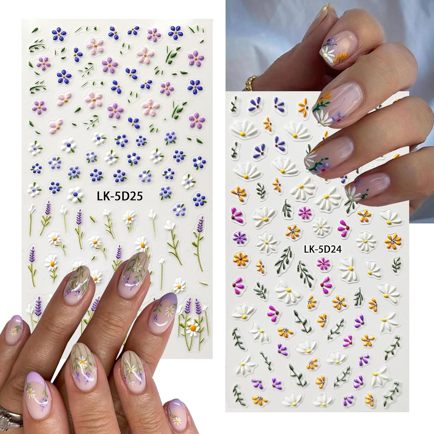 Flower Nail Stickers for Nail Art 5D Embossed Nails Decals Self Adhesive Spring Summer Floral Nails Decoration for Women 3D Design Colorful Flower Daisy Lavender Supplies