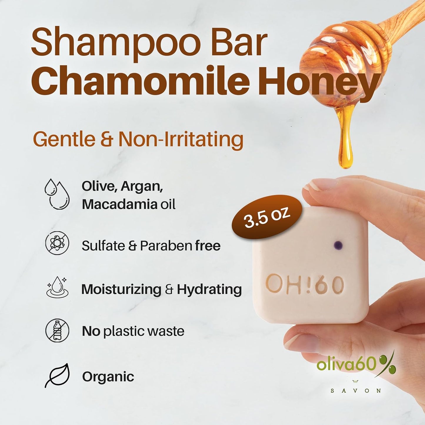 Shampoo Bar Chamomile Honey - Gentle & Non-Irritating | Hair Care- Moisturizes & Hydrates Dry Hair | Organic Shampoo wirh Olive, Argan, Macadamia Oil | Sulfate & Paraben Free | OLIVA 60