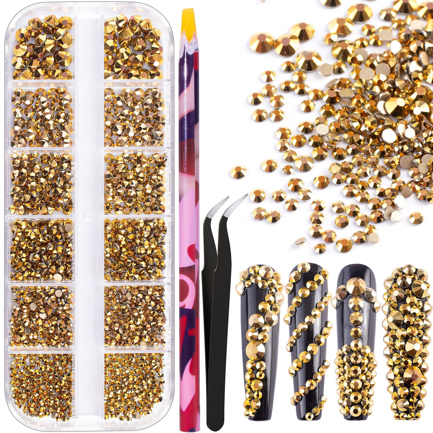 6 Sizes Gold Glass Crystal Kit with Pickup Pen + Tweezer Tools for Shine Nail Art Manicure Makeup DIY Decoration Flatback Round Rhinestone Gem Jewelry Diamond