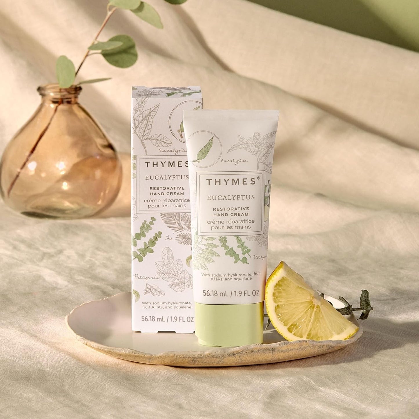 Thymes Restorative Hand Cream for Women & Men - Moisturizing Hand Cream Travel Size - Notes of Eucalyptus Oil, Lemon, Petitgrain, Bergamot, Lemongrass, & Lush Fir - Skin Care (Eucalyptus, 1.9 fl oz)