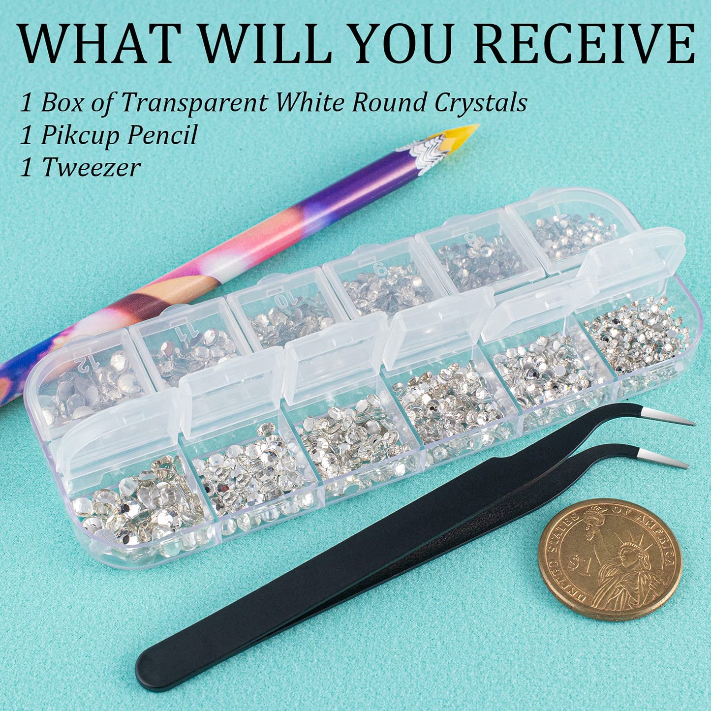6 Sizes Transparent White Silver Glass Crystal Kit with Pickup Pen + Tweezer Tools for Shine Nail Art Manicure Makeup DIY Decoration Flatback Round Rhinestone Gem Jewelry Diamond