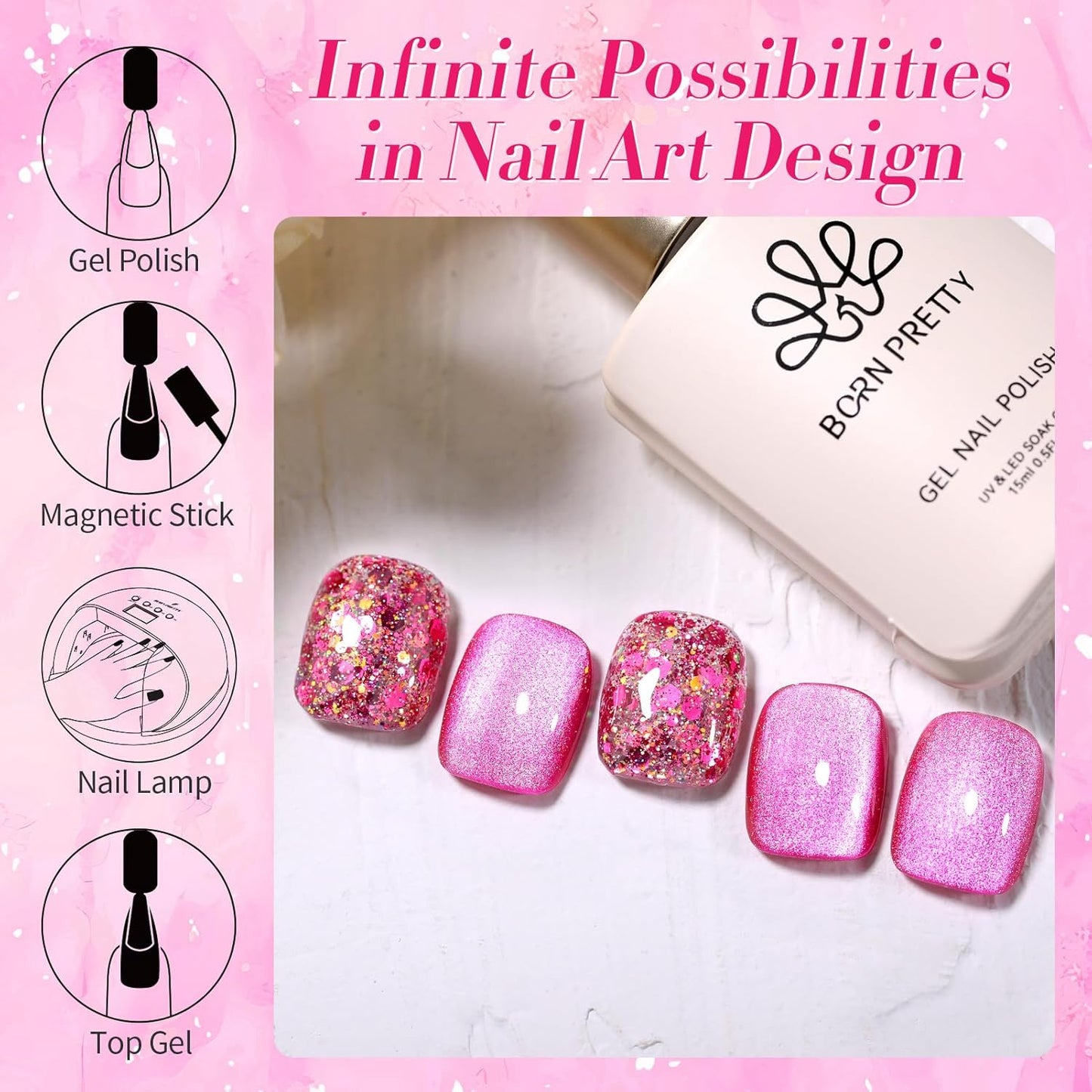 Born Pretty Magnetic Gel Nail Polish Hot Pink Cat Magnetic Eye Gel Polish Holographic Cats Shiny Glitter Nail Gel for Salon Home DIY Manicure Use