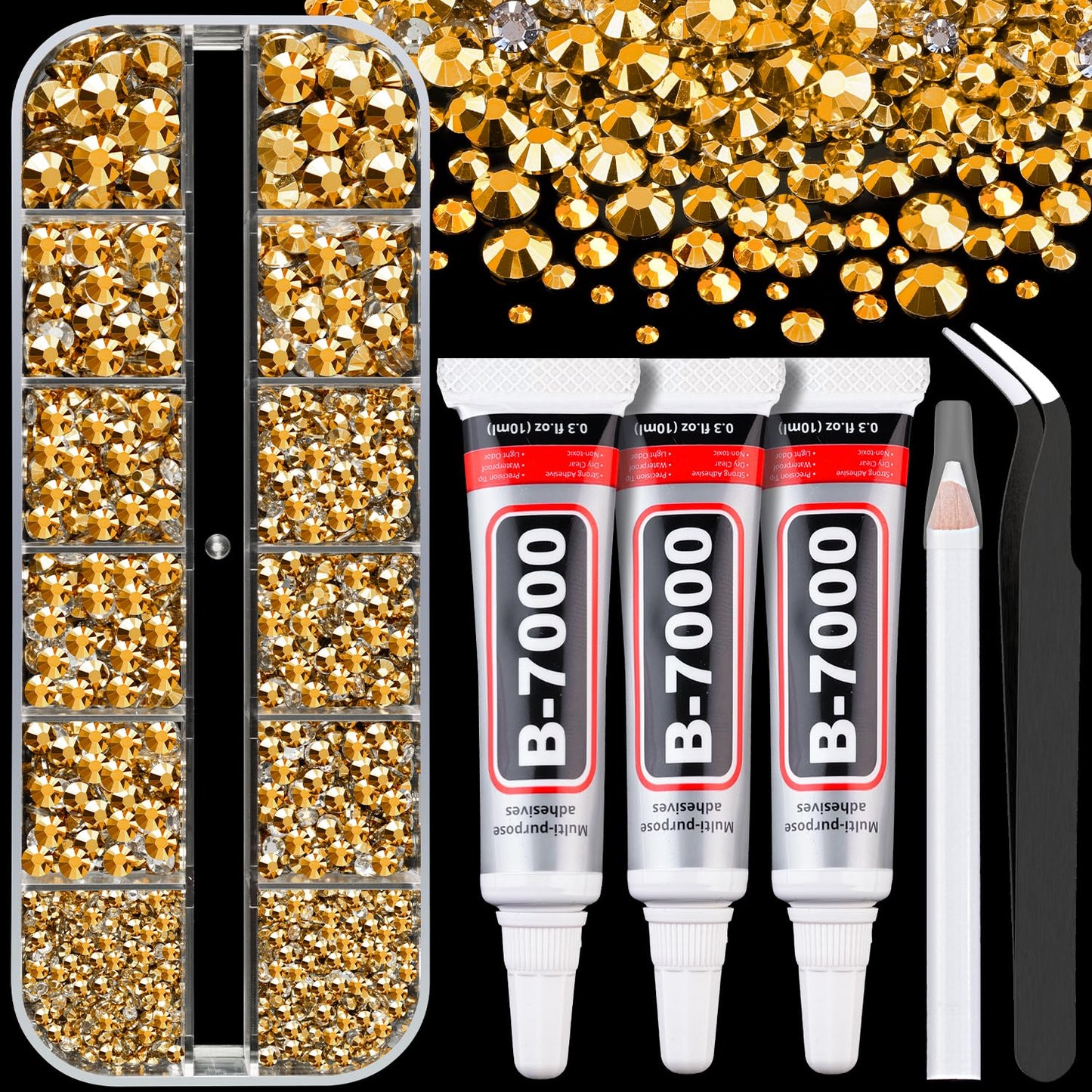 Resin Rhinestones for Crafting with B7000 Jewelry Glue, 1 Box Gold Flatback Crystals with 3Pcs 10ml Glue for Bedazzling Crafts DIY Nail Art Makeup，Non Hotfix Gems for Clothing Shoes