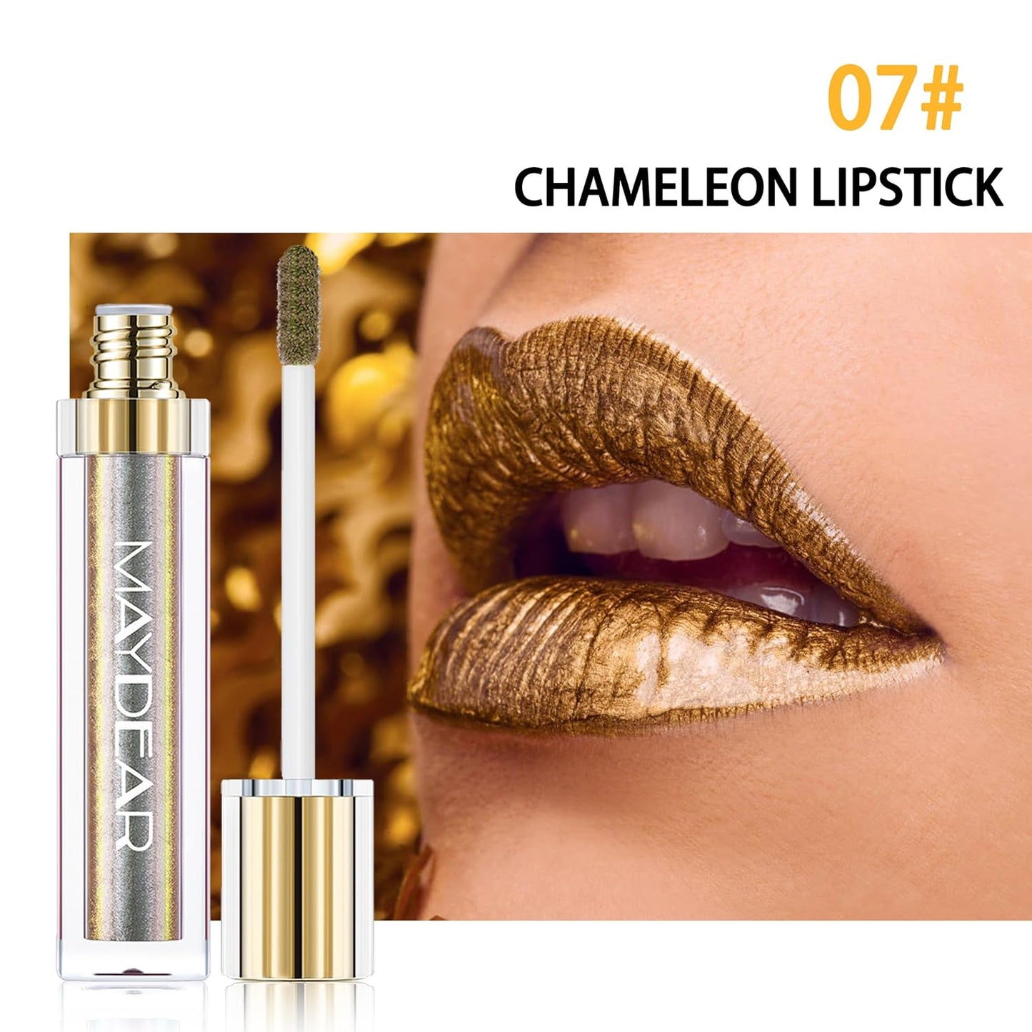 Maydear Chameleon Lipstick, High Pigmented Gold Lipstick for Women Metallic Shine Lip Gloss, Full-Coverage Multichrome Lipstick Long Lasting Rainbow Lip Makeup, Golden Bronze(07)