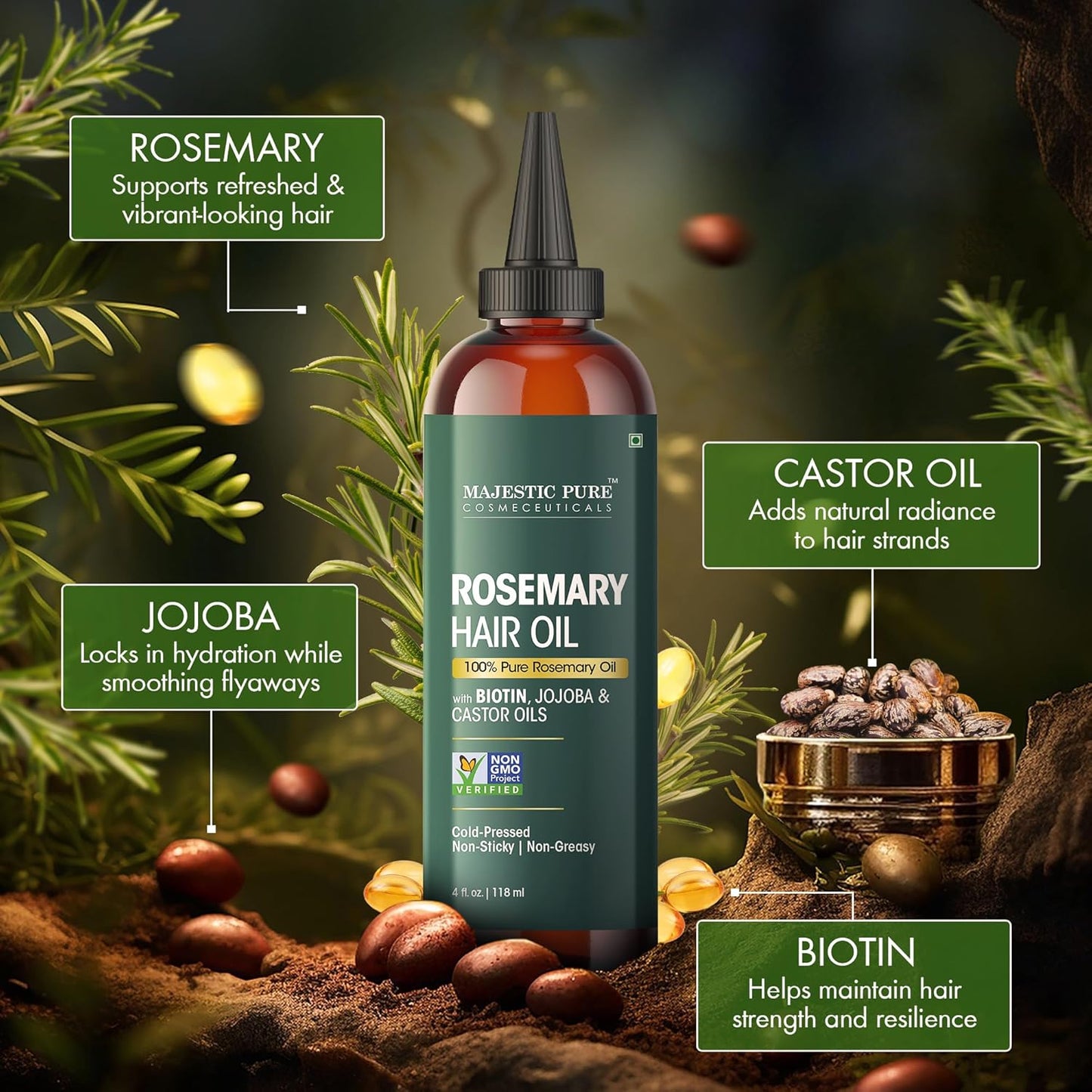 Majestic Pure 100% Pure Rosemary Oil for Hair Growth - Strengthening, Nourishing, Volumizing - Infused with Biotin Oil, Jojoba Oil & Castor Oil - Non GMO Verified - 4 Fl Oz - With Applicator