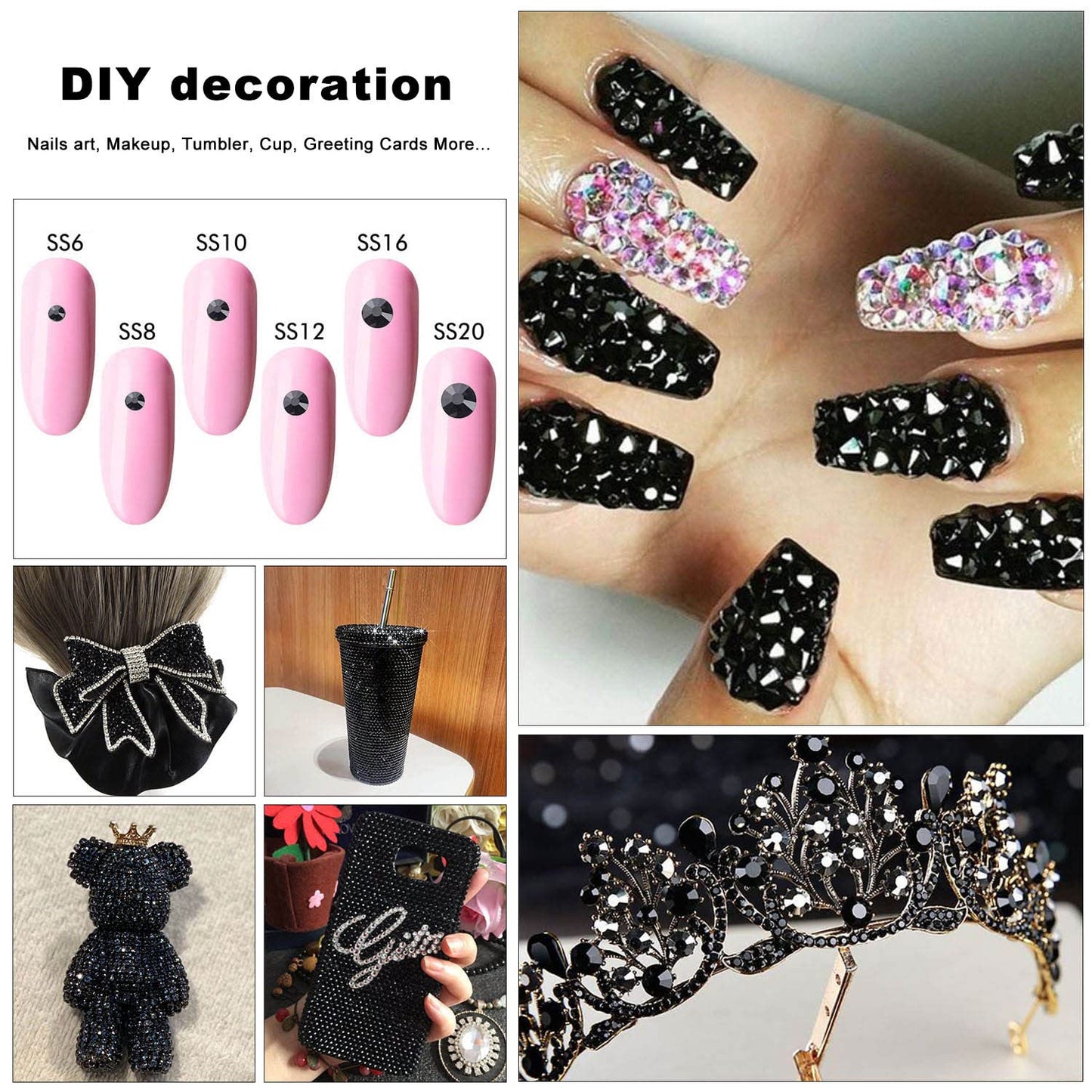 4240Pcs Flatback Black Rhinestones Glass Crystal Gemstones for Nail Art Eye Jewels Makeup Round with Tweezers and Picking Pen (SS6~SS20 Set)