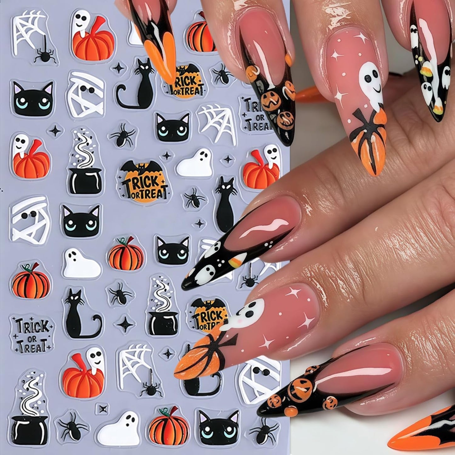 4Pcs Halloween 5D Embossed Nail Stickers Cute Ghost Nail Decals Self-Adhesive Pumpkin Spider Web Flower Ghost Nail Design Cats Skeleton Hand Nails Decorations Halloween DIY Manicure Supplies for Women