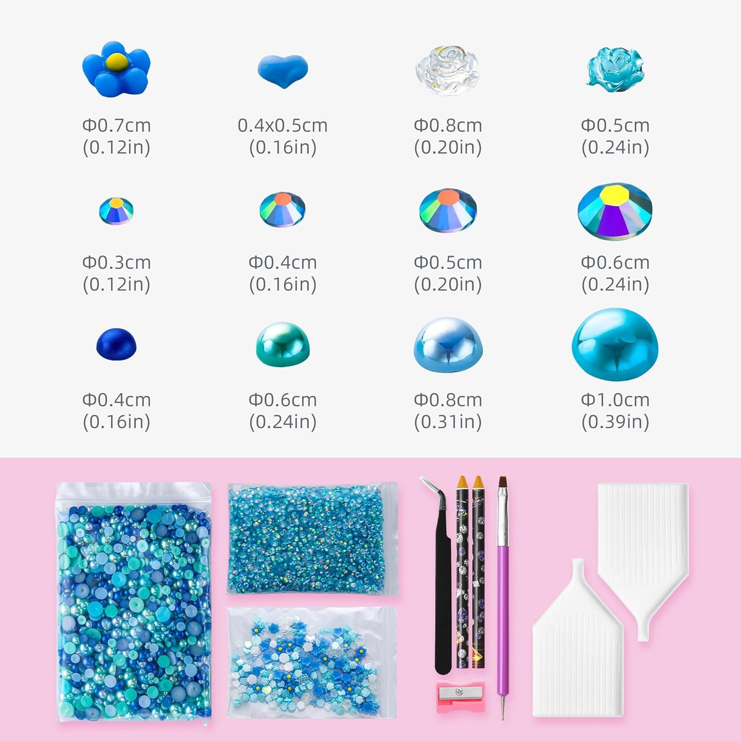 160g Cyan Blue Flat Back Pearls Rhinestones for Crafts Mixed Size 3mm-10mm AB Color Round Half Pearls Flatback Pearl Beads and Resin Rhinestones Set for Face Art