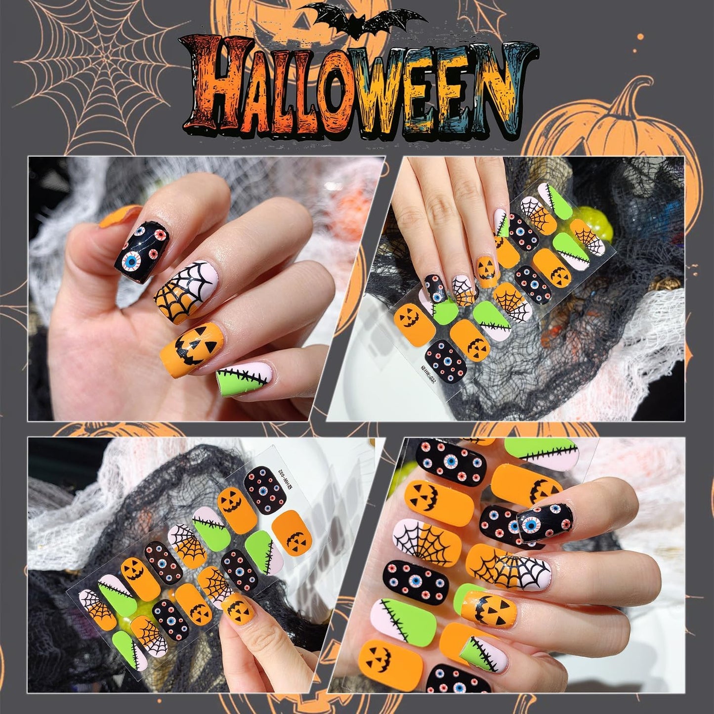 6 Sheets Halloween Gel Nail Strips Ghost Bat Pumpkin Nail Polish Stickers Maple Leaf Pumpkins Thanksgiving Gel Nail Stickers Self-Adhesive Halloween Holiday Nail Polish Strips for Women Nail Decor