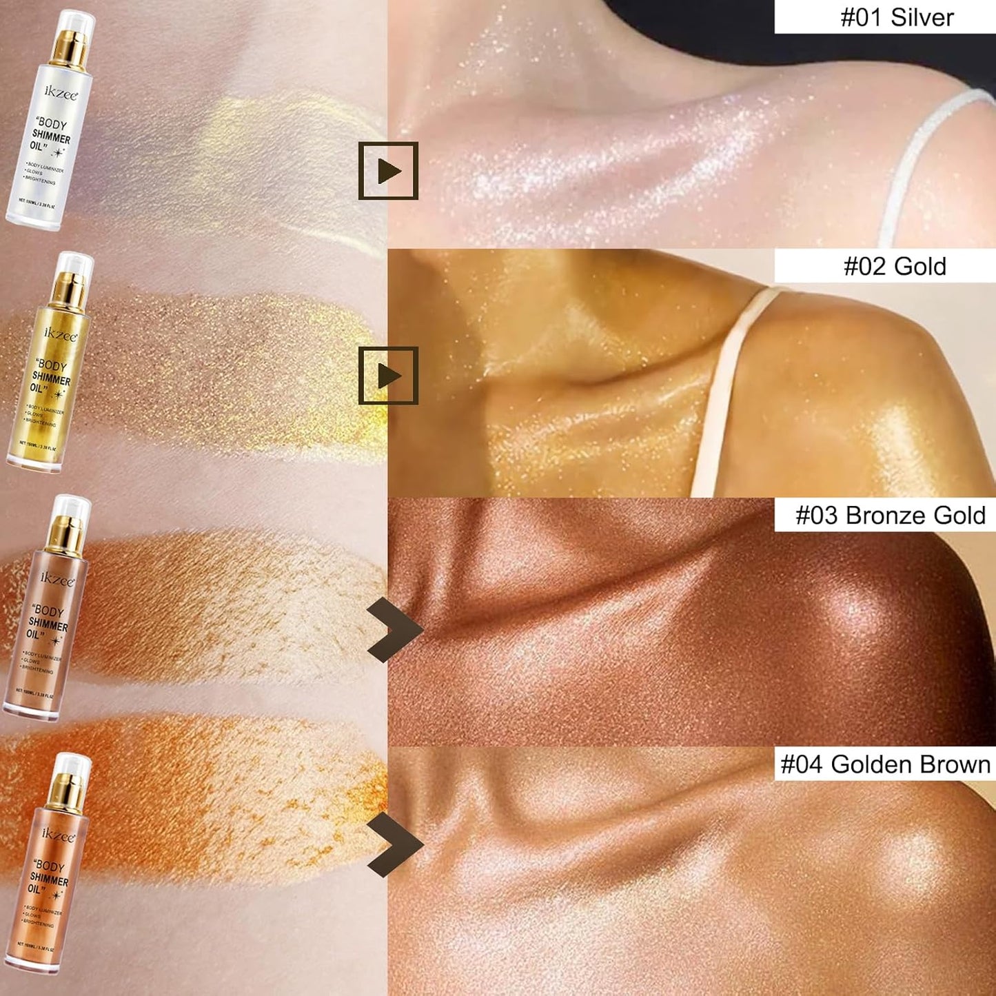 Body Shimmer Oil 100ml, Moisturizing Long Lasting Body Luminizer Face Brightener, Waterproof Liquid Illuminator, Shimmer Glow Highlighter Summer Glowing Tan Makeup (#02 Gold)