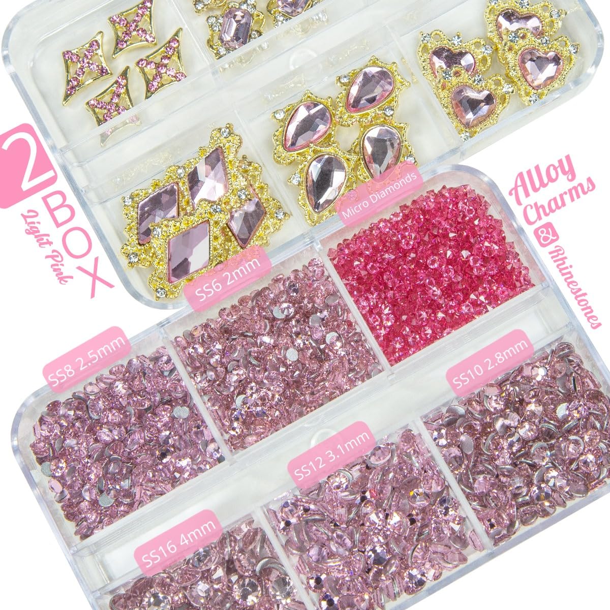 24pcs Pink Luxury Nail Charms +2000pcs Rhinestones 3D Big Nail Gems K9 Glass Nail Crystals Diamonds Jewelry Stones Alloy Nail Art Studs Decor Supplies Heart Charms for Arylic Nails DIY Crafts
