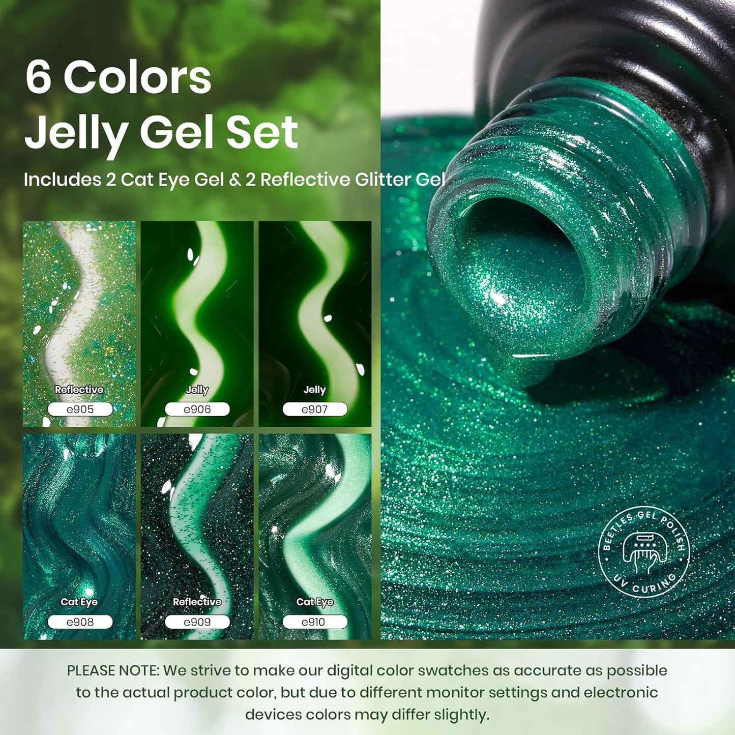 beetles Gel Polish Christmas Green Gel Nail Polish Set Cat Eye Jelly with Color Swatch Dots Magnet 6 Color Glitter Enchanted Forest Theme for Salon Manicure Nail Art DIY at Home Gift for Women Girls