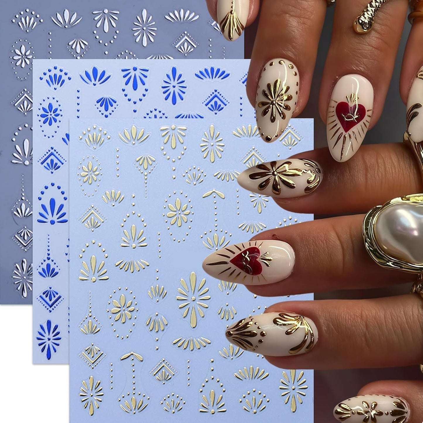6 Sheets Bohemian Nail Stickers for Nail Art 3D Self-Adhesive Flower Nail Art Stickers Gold Silver Floral Nail Decals Bohemian Style Retro Blue Manicure Art Decoration Charms for Women Nails Supplies