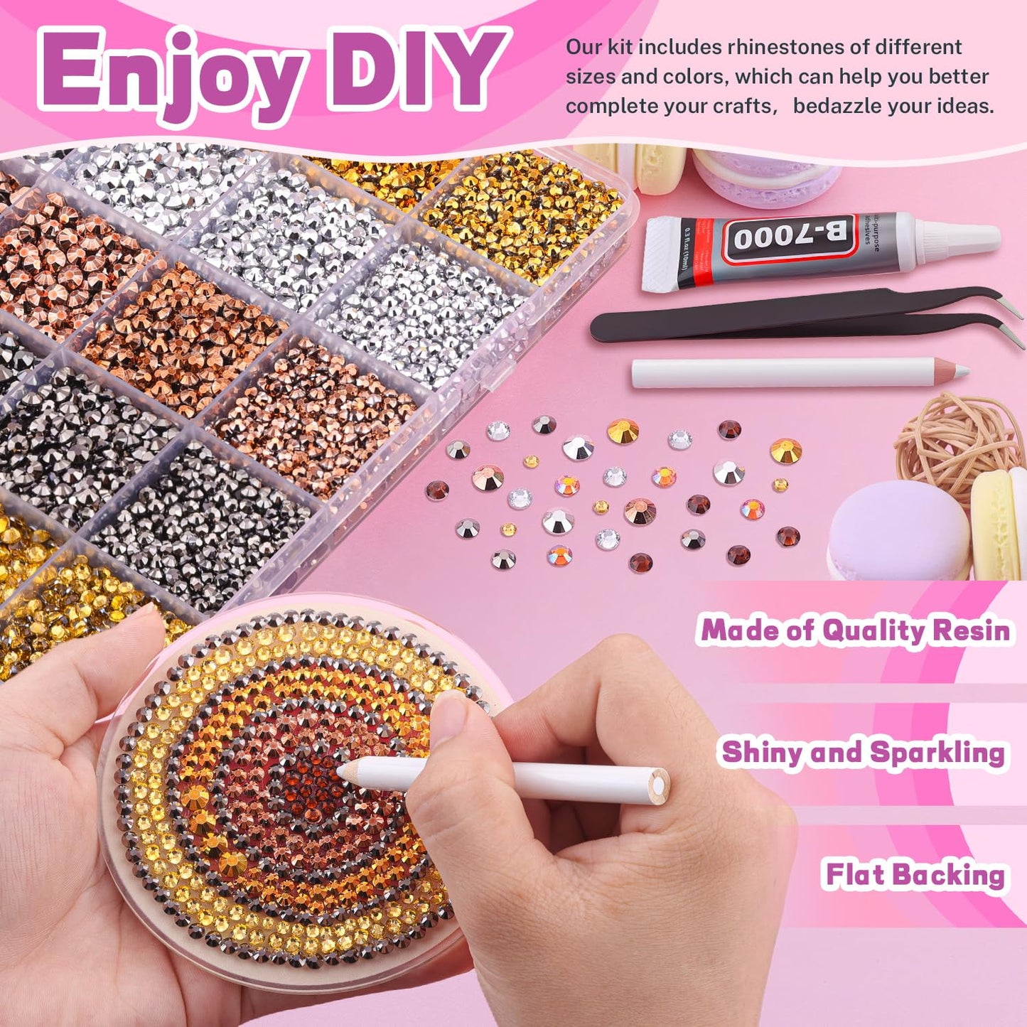 20000Pcs Metallic Rhinestones for Bedazzling with 3Pcs B7000 Jewelry Glue, Resin Rhinestones for Crafting Crafts，Bedazzler Kit Flatback Gems for Clothing Shoes Tumblers Nail Art