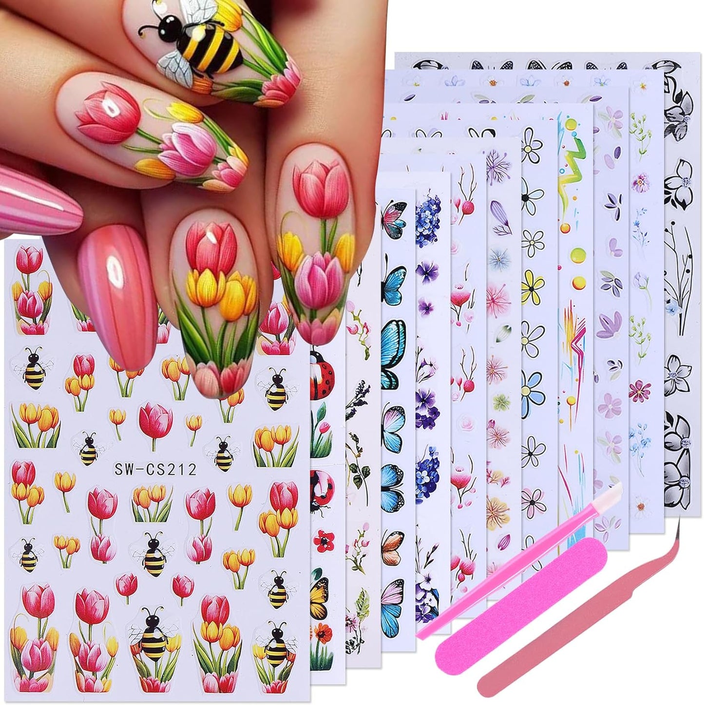 Flower Stickers Nail Art Decals 12PCS Summer Nail Art Designs with Tweezers Tulip Butterfly Leaf Florals Ladybug Decals 3D Self-Adhesive Manicure Simple Nail Stickers for Women Acrylic Nails Supplies