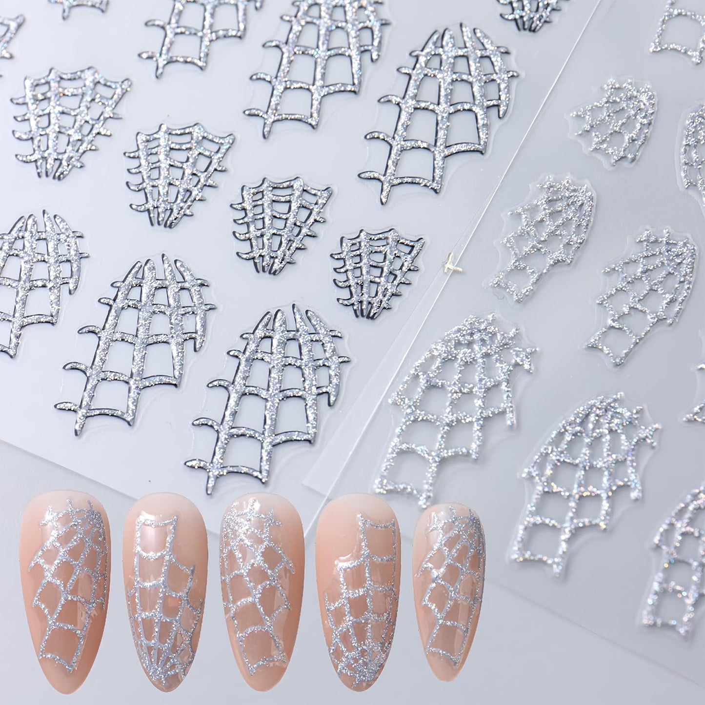 8 Sheets Halloween Nail Art Stickers Gold Silver Black Spider Web Nail Decals with Glitter Designs Nail Stickers 3D Self-Adhesive Spider Nail Supplies Horror Blood Drop Nail Decoration