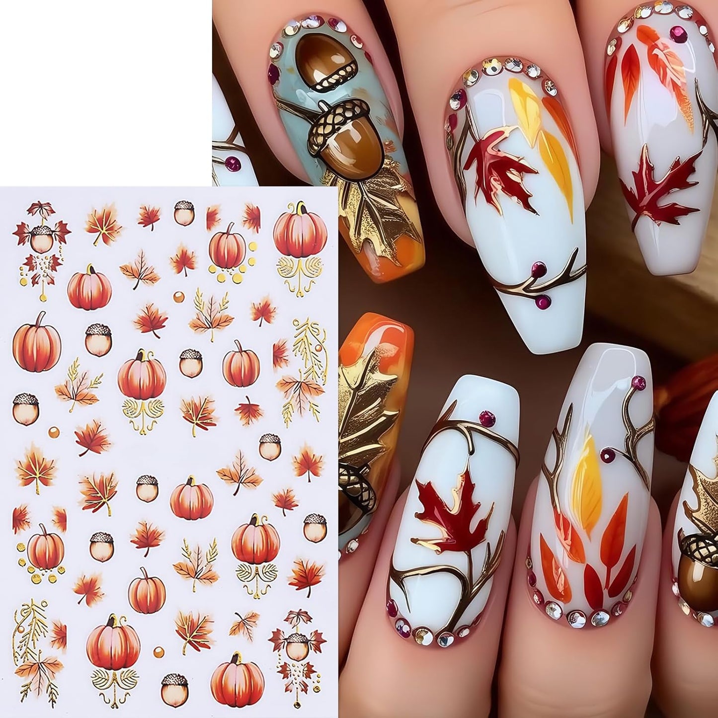 5Sheets Fall Nail Stickers Autumn Maple Leaf Nail Art Stickers 3D Self Adhesive Maple Leaves Nails Decals for Nails Art Thanksgiving Day Nail Decoration Pumpkin Nut Cute Manicure Supplies for Women