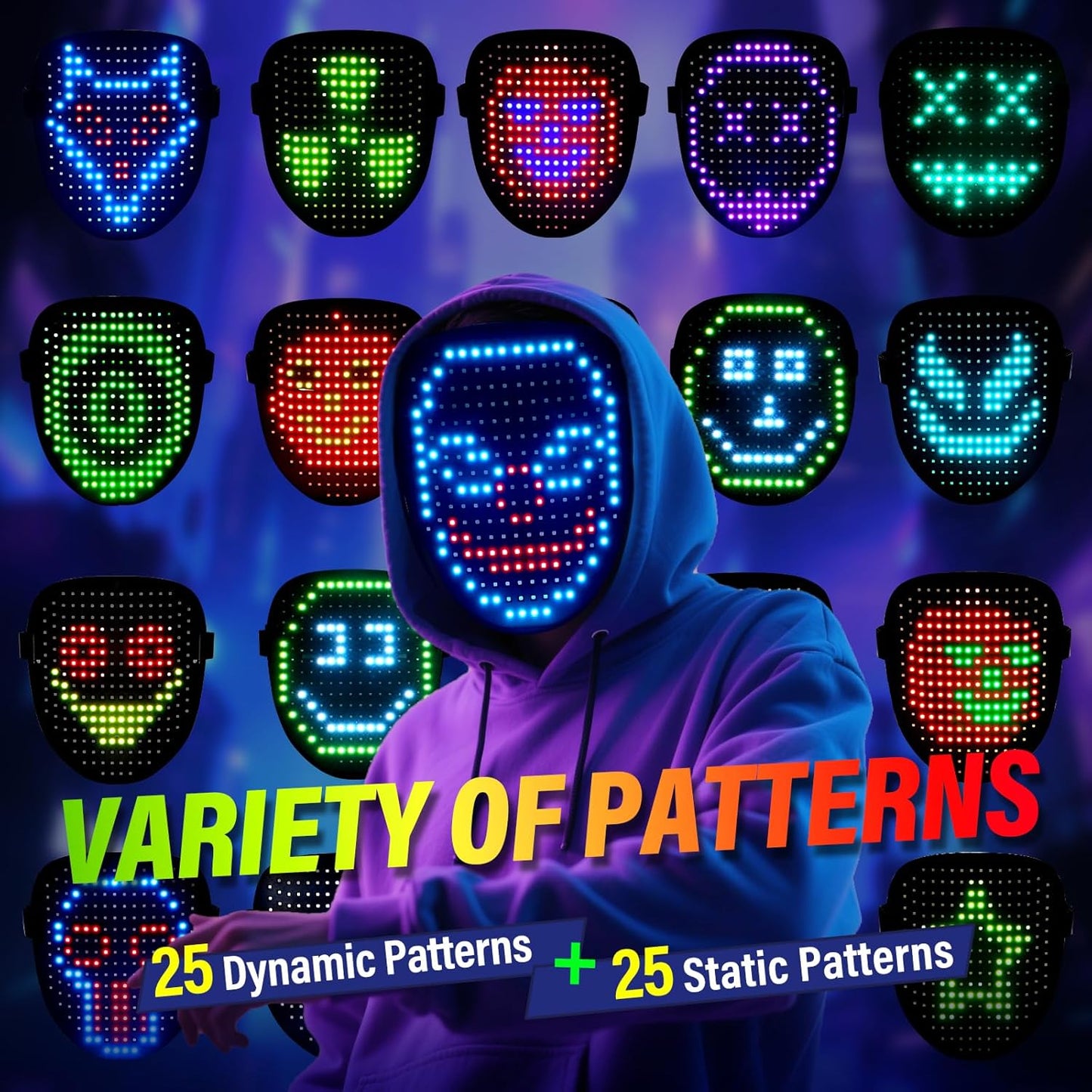 arscniek LED Face Mask with Gesture Control – Rechargeable Light Up Halloween Masks Costume for Adults & Kids, Glowing Transformable Cosplay Mask for Parties, Christmas, Concerts