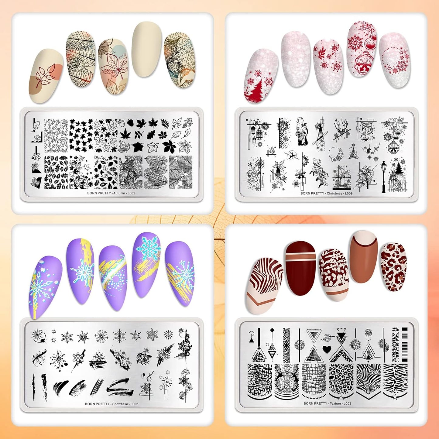 Born Pretty Nail Stamping Plates 8PCS Nail Art Design Kit Fall Winter Halloween Christmas Tree with Snowflake Cute Deer Nail Art Image Plates Halloween Christmas Patterns Templates DIY Printing Tools